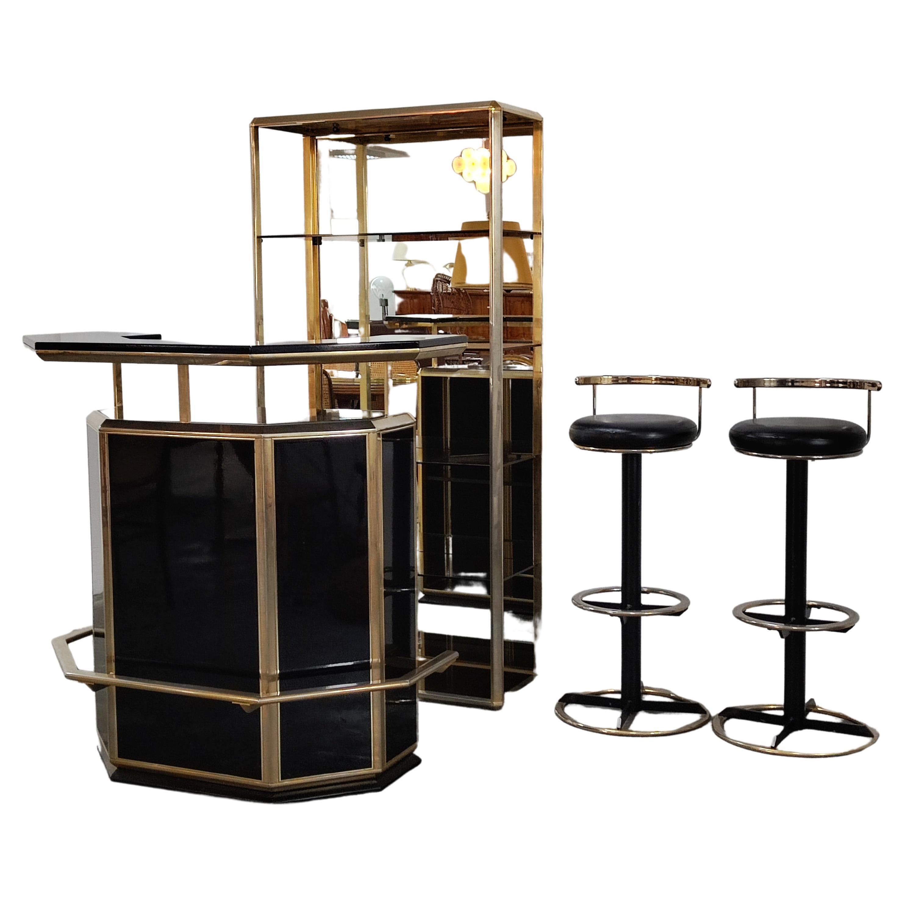 Hollywood Regency Dry Bar with Two Stools and Mirrored Shelf, Italy, 1980s For Sale
