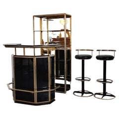 Hollywood Regency Dry Bar with Two Stools and Mirrored Shelf, Italy, 1980s