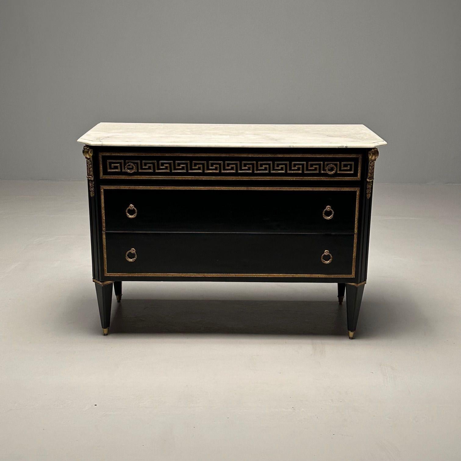 Hollywood Regency Cabinet, Marble, Bronze, Greek Key Motif, Chest, 1970s In Good Condition For Sale In Stamford, CT