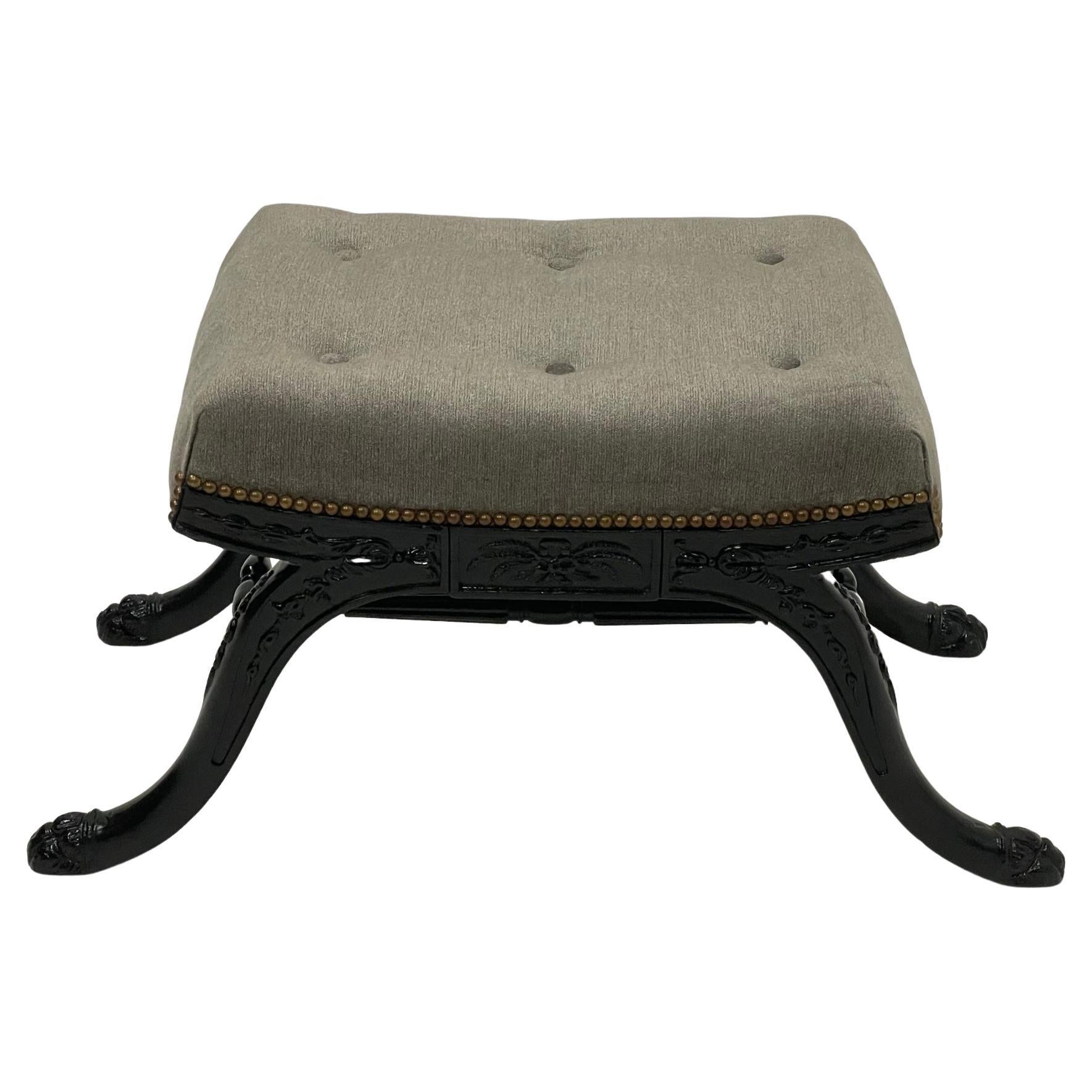 Hollywood Regency Ebonized & Carved Wood Bench with Grey Flannel Upholstery