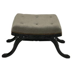 Hollywood Regency Ebonized & Carved Wood Bench with Grey Flannel Upholstery