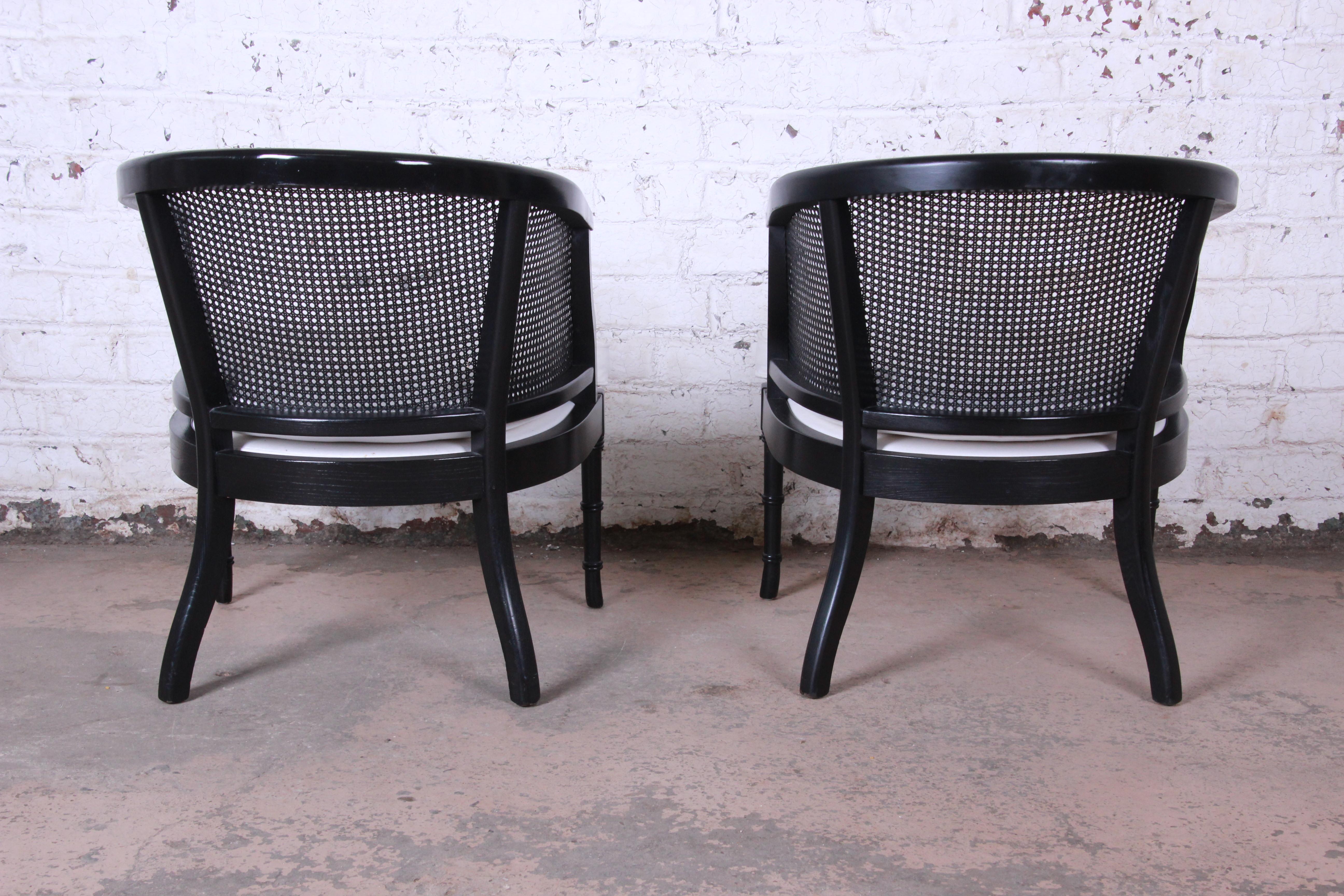 Pair of Hollywood Regency Ebonized Faux Bamboo and Cane Barrel Back Club Chairs 2