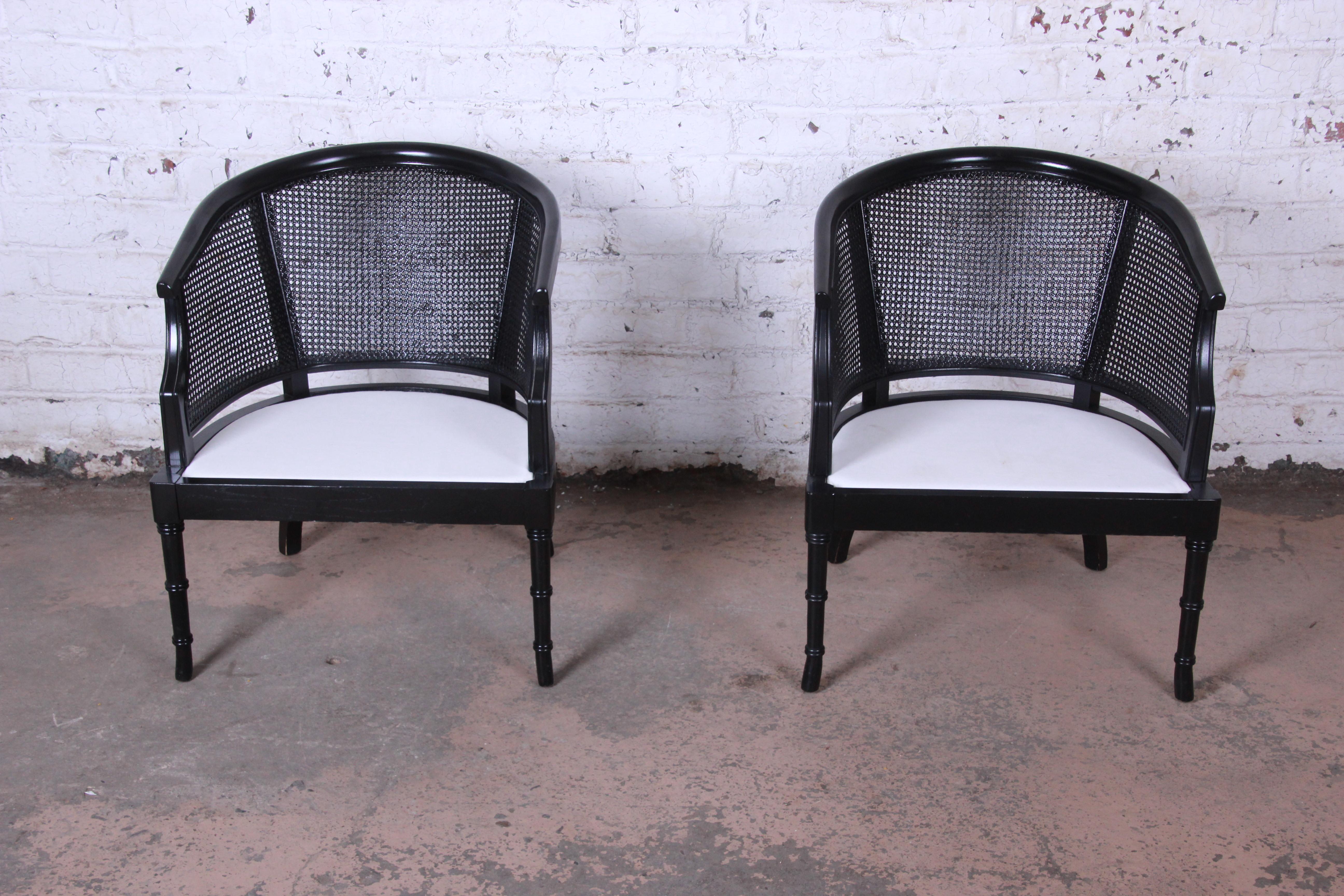 Mid-Century Modern Pair of Hollywood Regency Ebonized Faux Bamboo and Cane Barrel Back Club Chairs