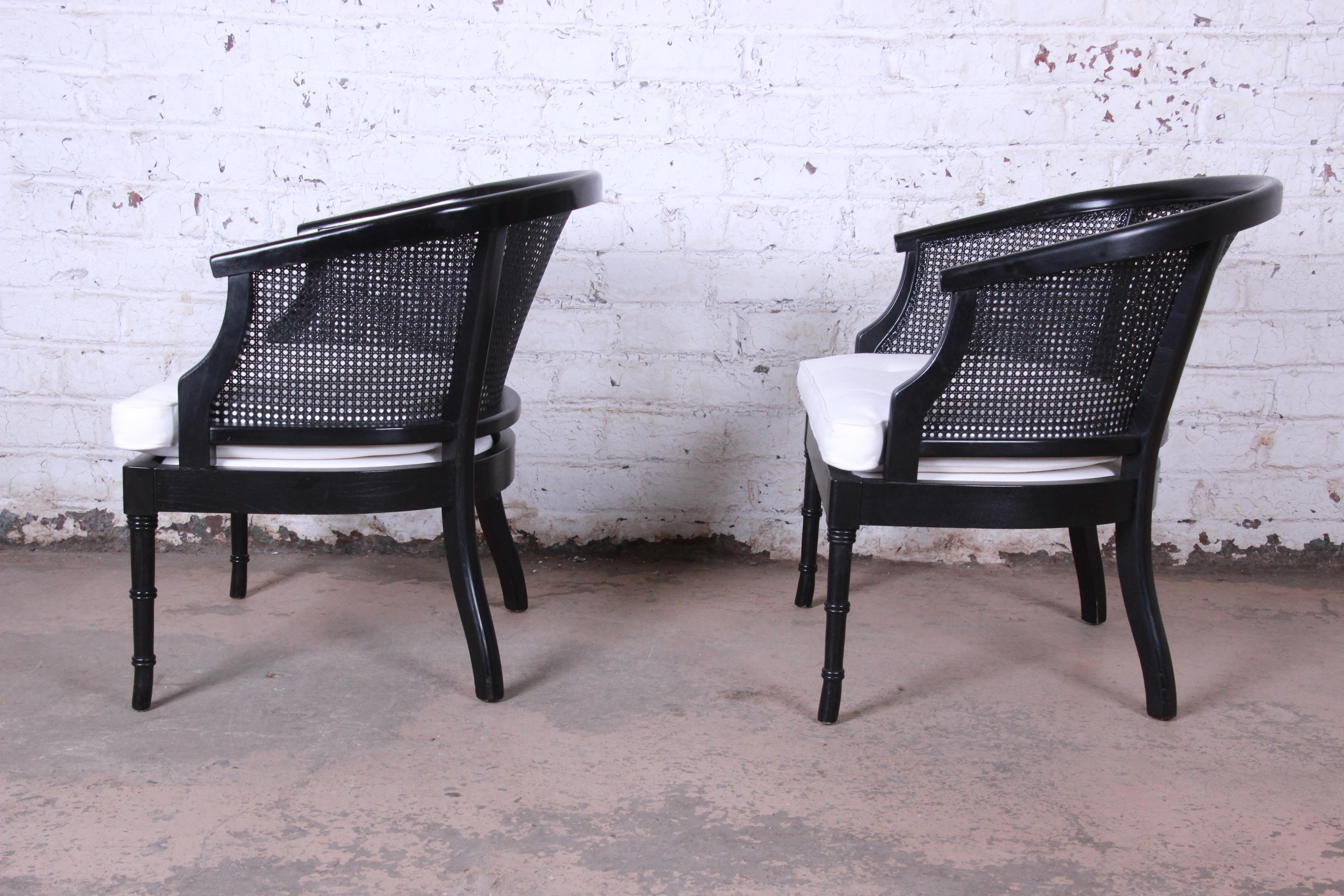 Pair of Hollywood Regency Ebonized Faux Bamboo and Cane Barrel Back Club Chairs 1