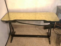 Hollywood Regency Ebony and Églomisé Glass Top Knee Hole Console or Desk