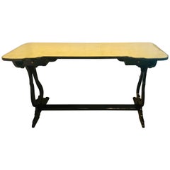 Hollywood Regency Ebony and Églomisé Glass Top Knee Hole Console or Desk