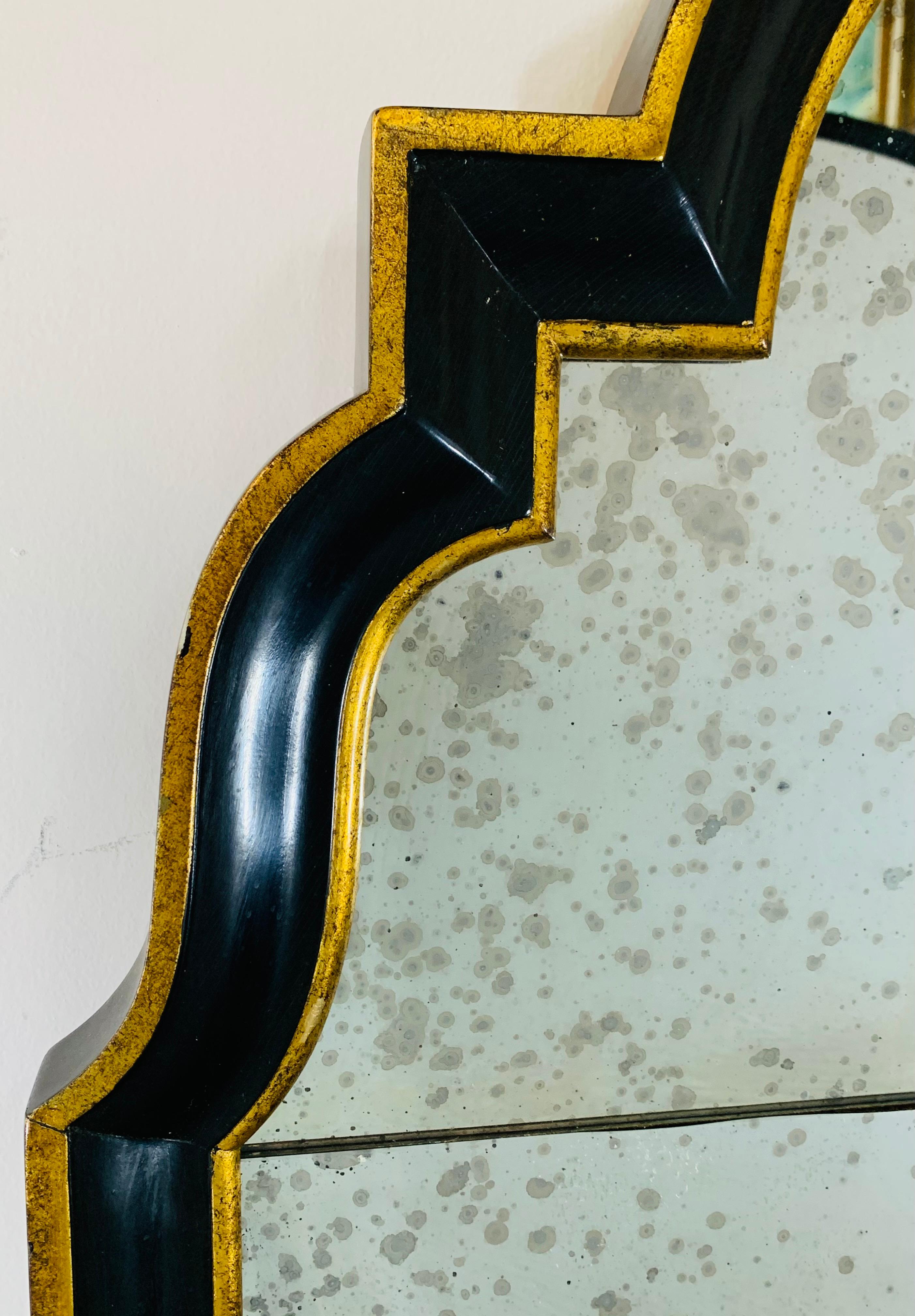 Hollywood Regency Ebony Black and Gold Antiqued Glass Wall or Mantel Mirror For Sale 3