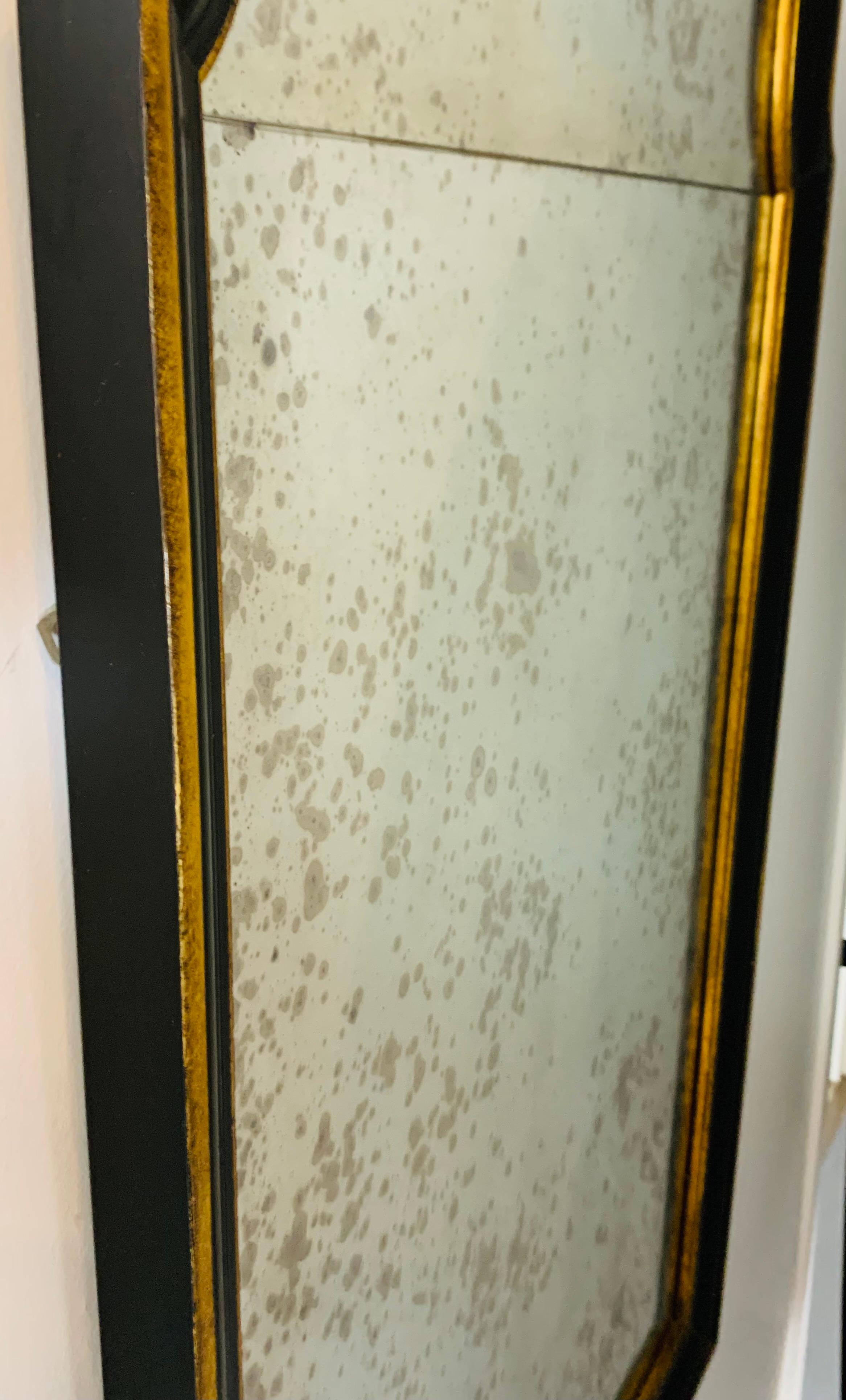 Hollywood Regency Ebony Black and Gold Antiqued Glass Wall or Mantel Mirror  For Sale 6