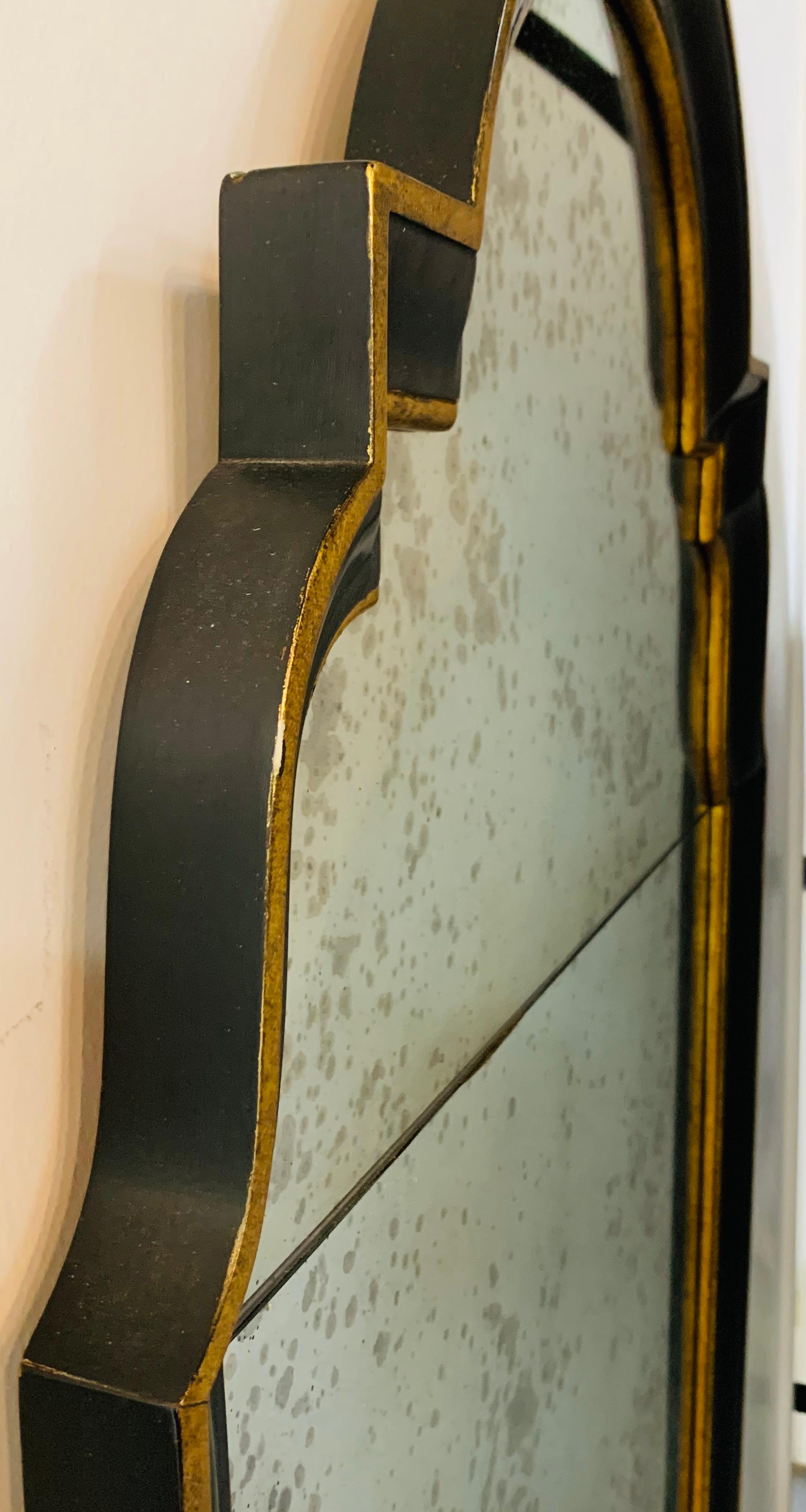 Hollywood Regency Ebony Black and Gold Antiqued Glass Wall or Mantel Mirror  For Sale 7