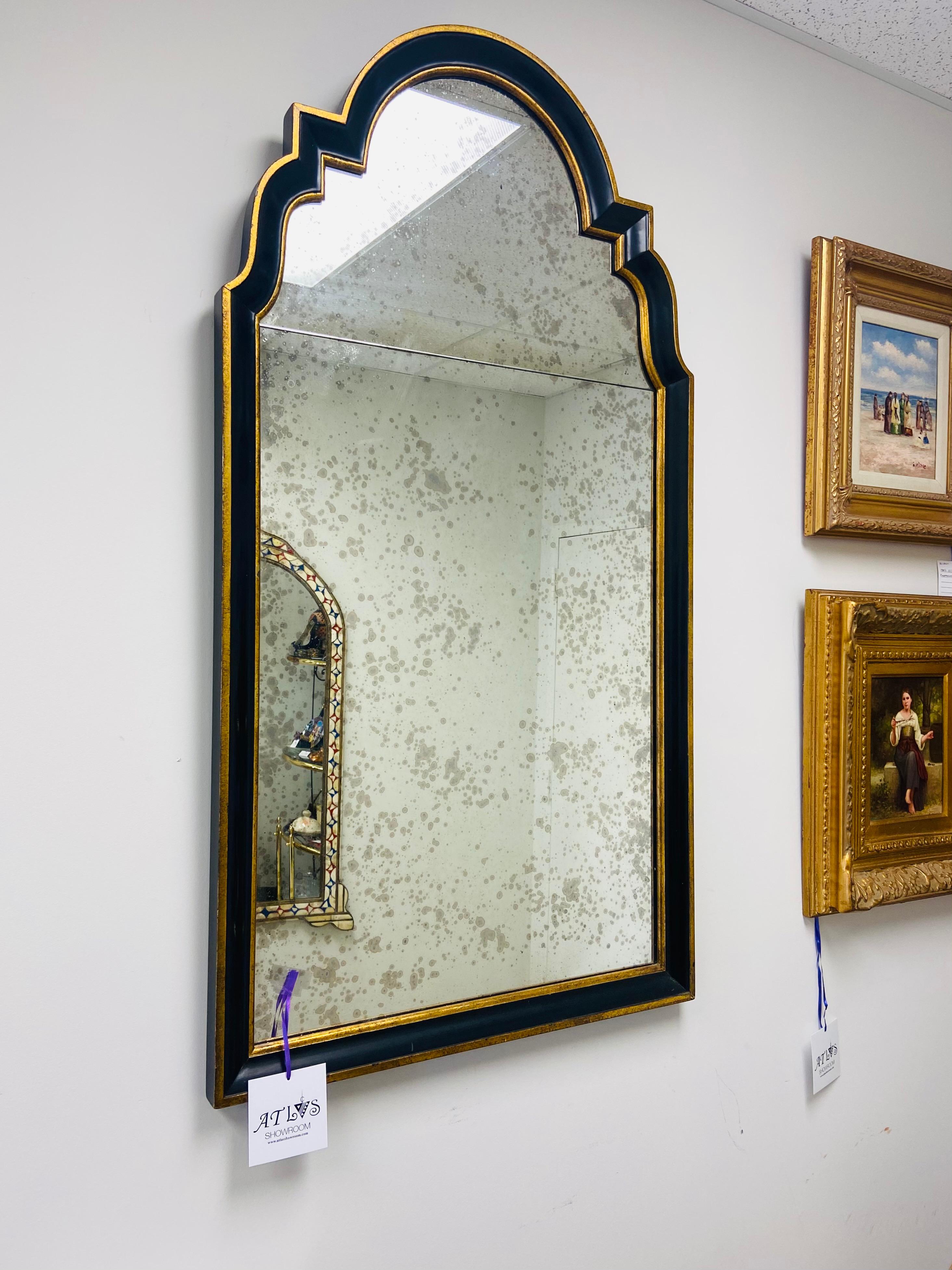 European Hollywood Regency Ebony Black and Gold Antiqued Glass Wall or Mantel Mirror  For Sale