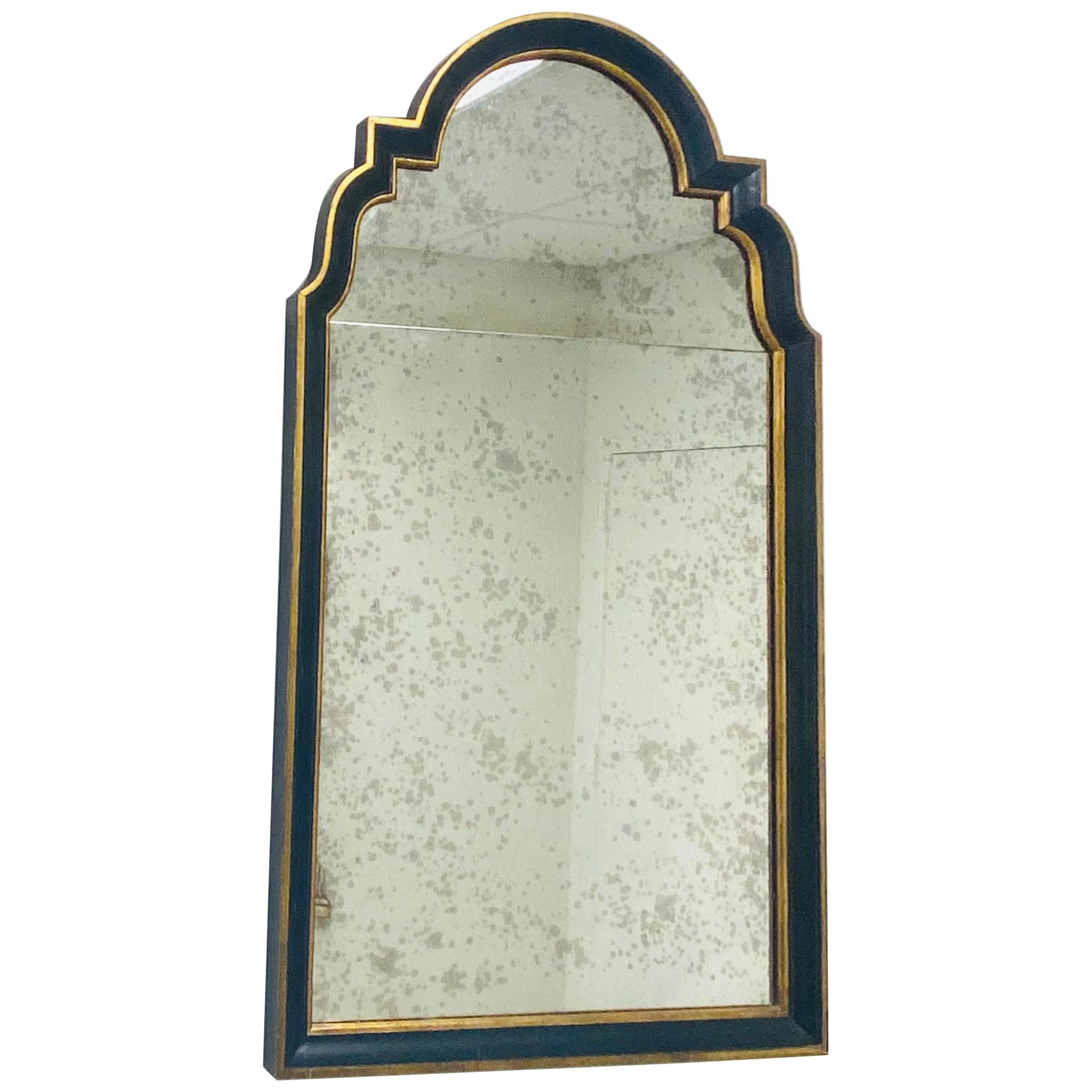 Hollywood Regency Ebony Black and Gold Antiqued Glass Wall or Mantel Mirror  For Sale