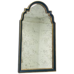 Vintage Hollywood Regency Ebony Black and Gold Antiqued Glass Wall or Mantel Mirror 