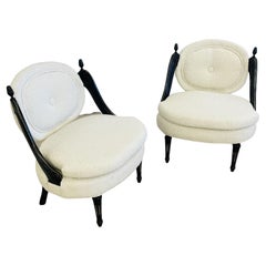 Vintage Hollywood Regency Ebony Boudoir, Fauteuil Chairs, New Boucle, Bronze, Jansen