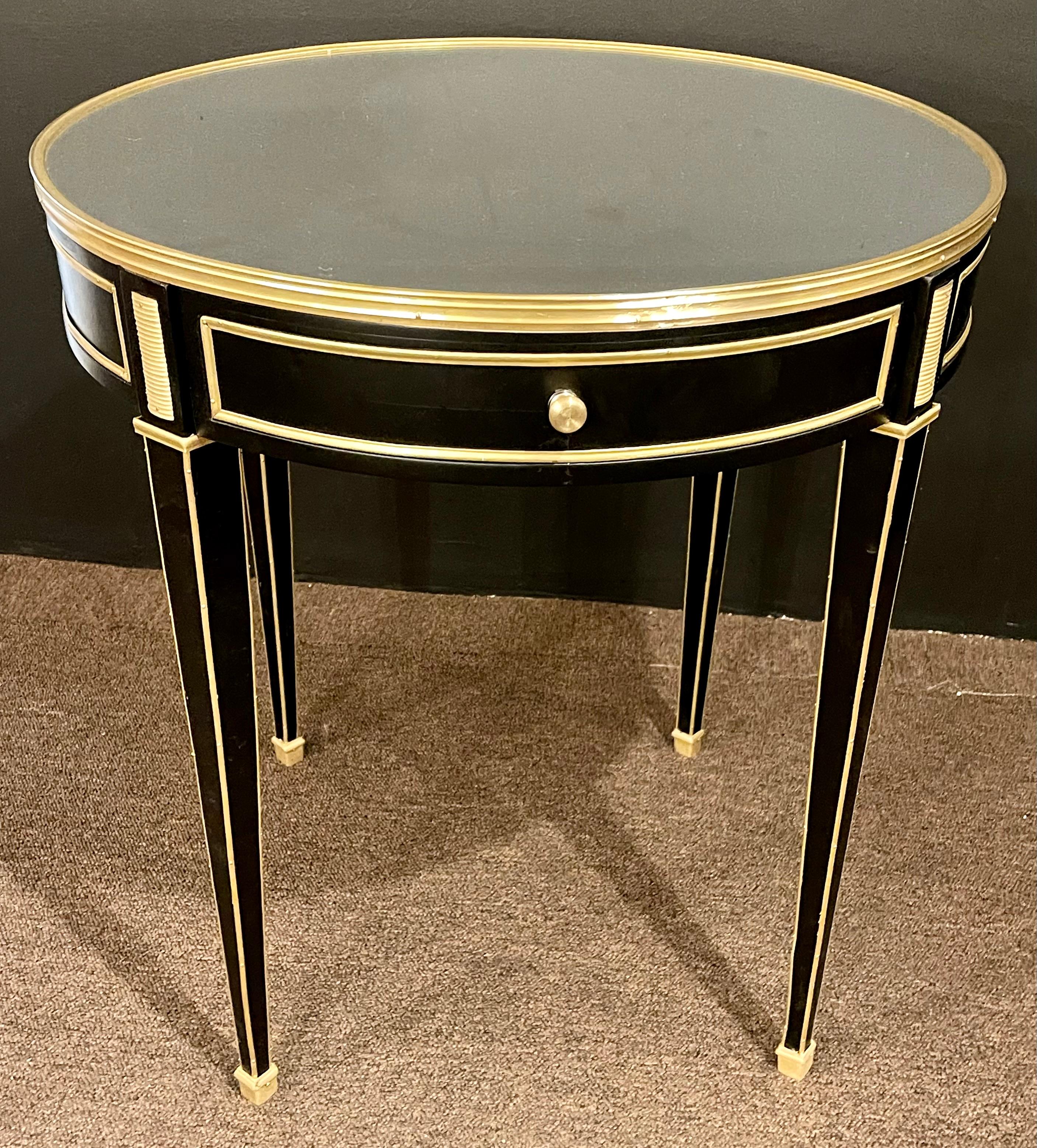 Hollywood Regency Ebony Bouillotte or End Tables, Manner Jansen Mirror Tops Pair In Good Condition In Stamford, CT