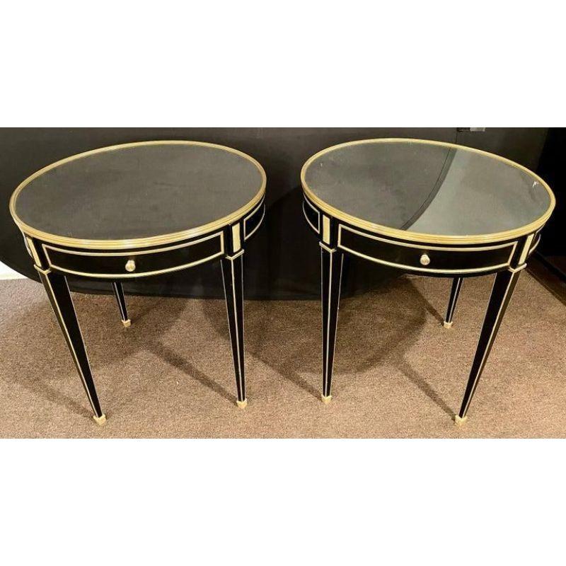 Jansen Style, Hollywood Regency, End Tables, Black Wood, Mirror, Brass, 1960s In Fair Condition In Stamford, CT