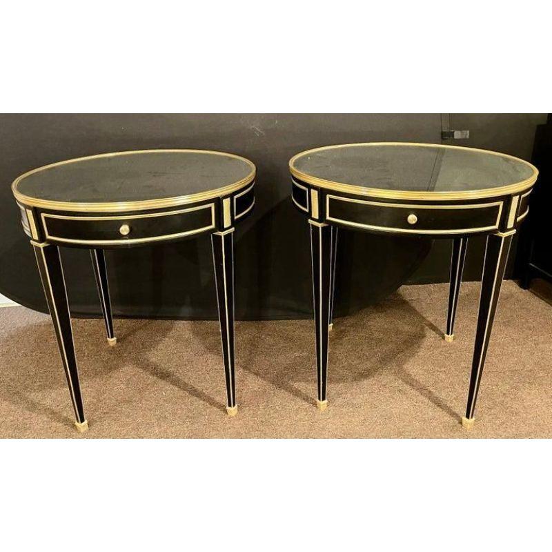 20th Century Jansen Style, Hollywood Regency, End Tables, Black Wood, Mirror, Brass, 1960s