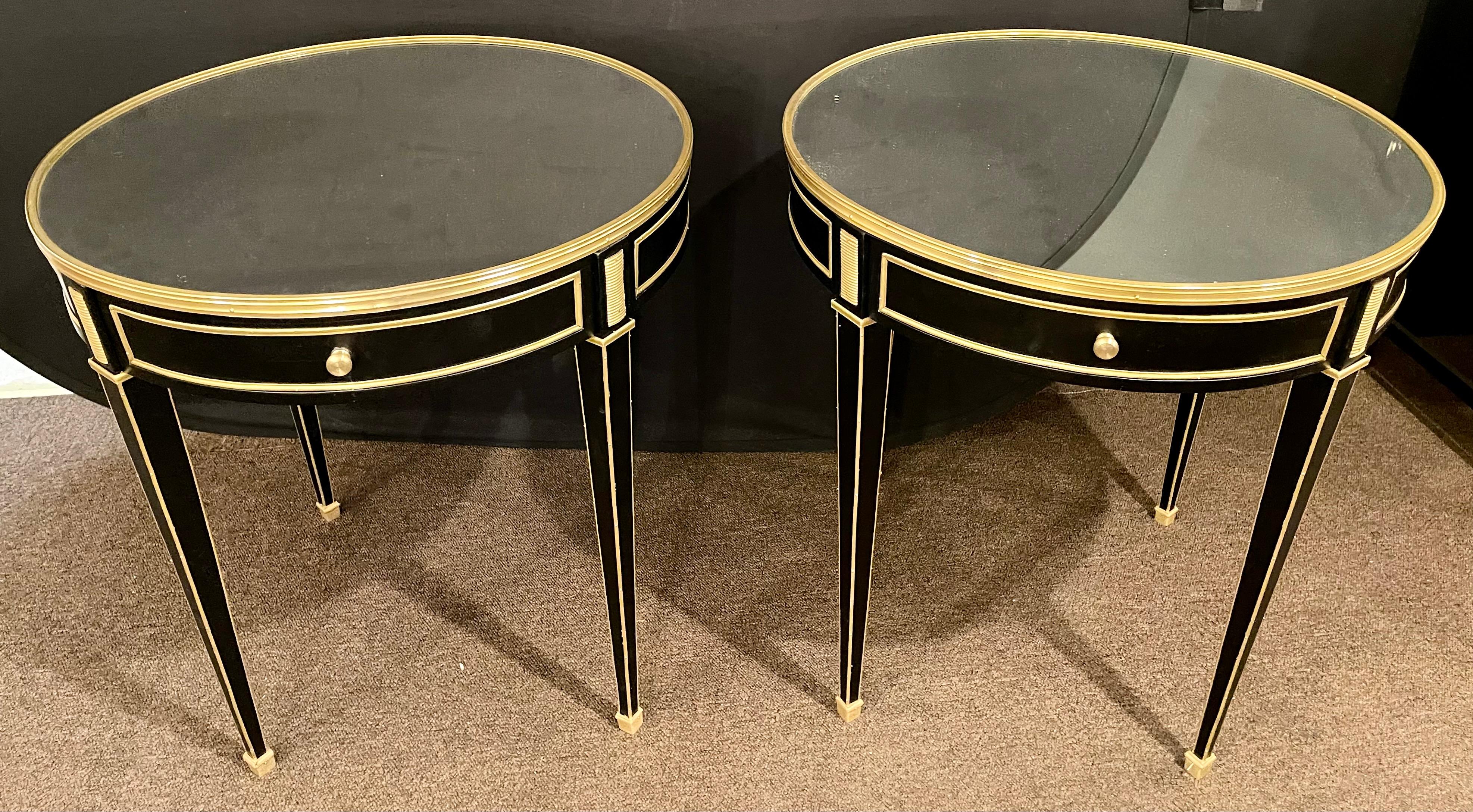 Bronze Hollywood Regency Ebony Bouillotte or End Tables, Manner Jansen Mirror Tops Pair