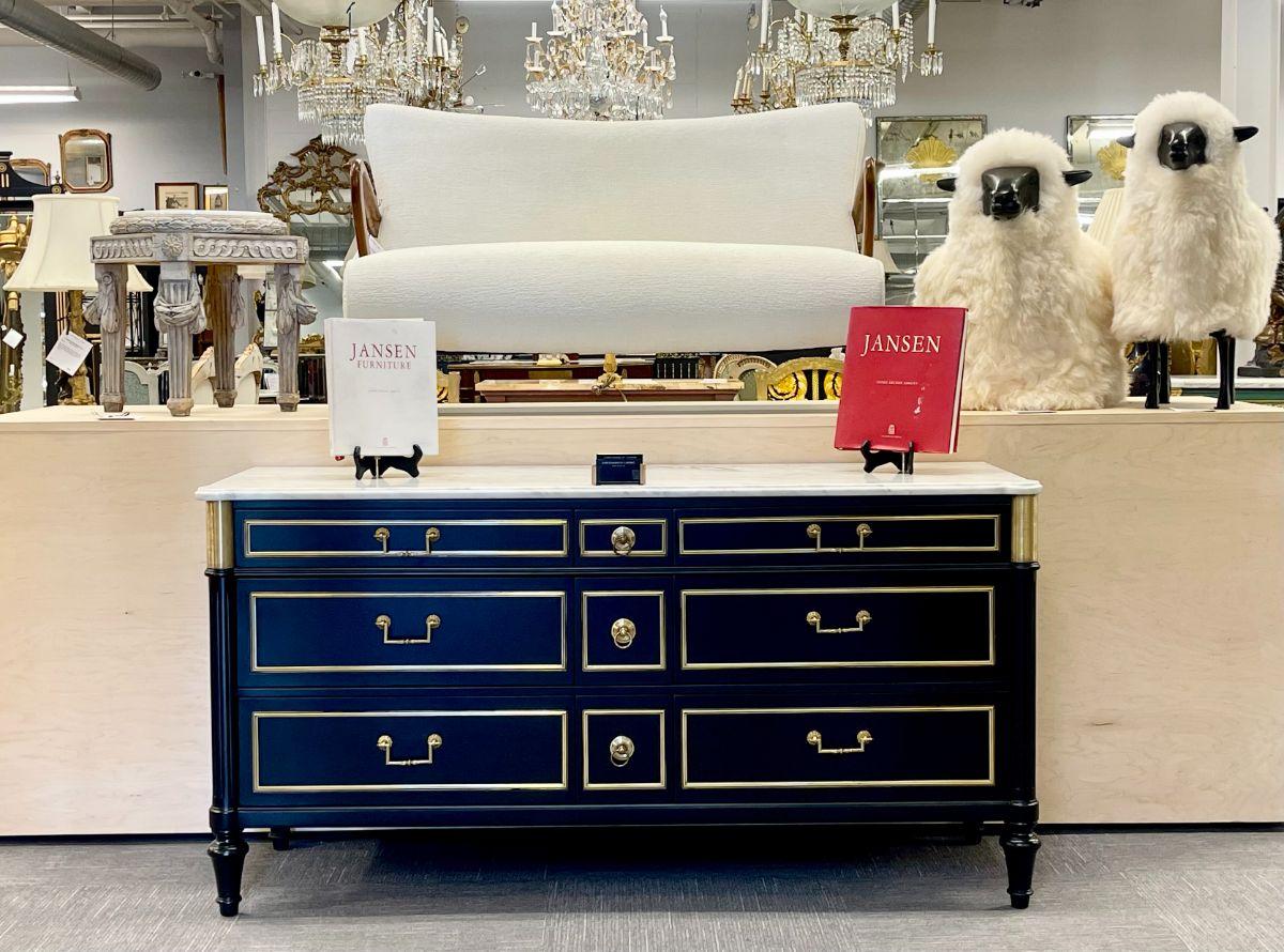 Hollywood Regency Ebony Commode, Dresser, Maison Jansen Style, Marble Top 11