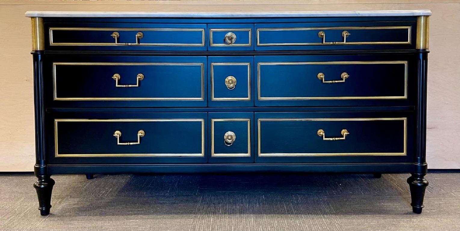 Hollywood Regency Ebony Commode, Dresser, Maison Jansen Style, Marble Top In Good Condition In Stamford, CT