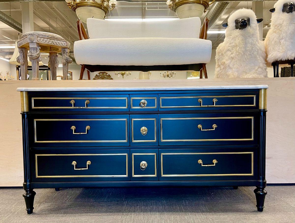 Hollywood Regency Ebony Commode, Dresser, Maison Jansen Style, Marble Top 1