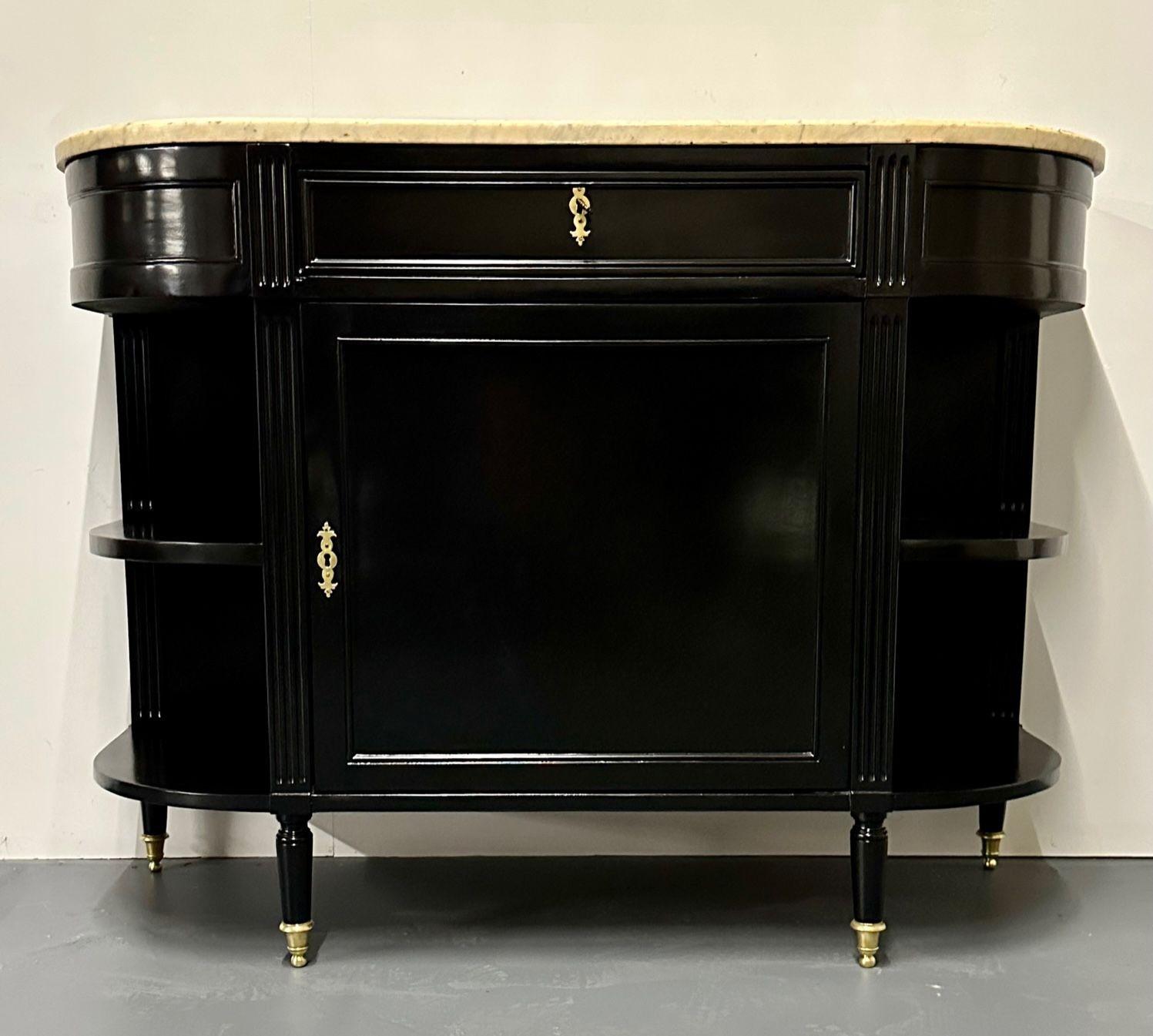 Hollywood Regency Ebony Demilune Server, Console, Serving Table, French, 19th Century
A French marble top demilune console or sideboard. This stunning 19th century server has a thick white gray veined marble top supported by a group of three drawers
