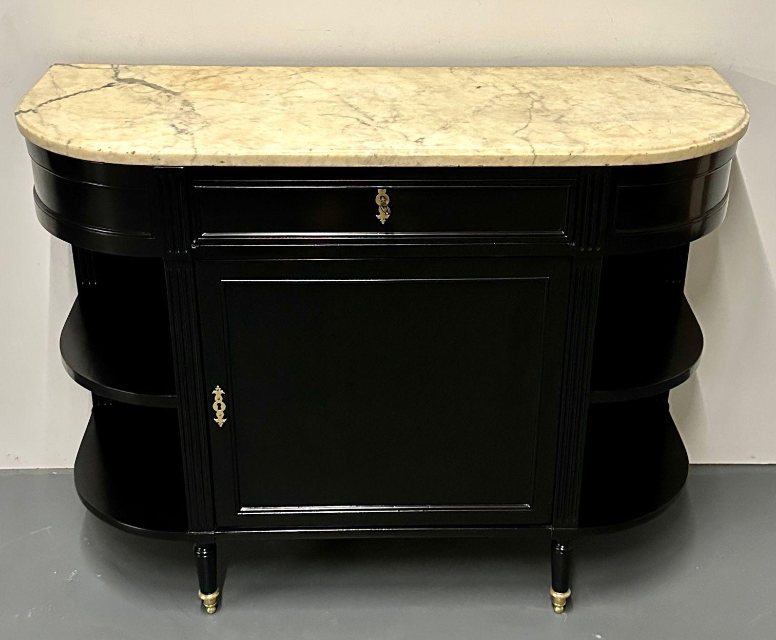 Louis XVI Hollywood Regency Ebony Demilune Server, Console, Serving Table, French, 19th C For Sale