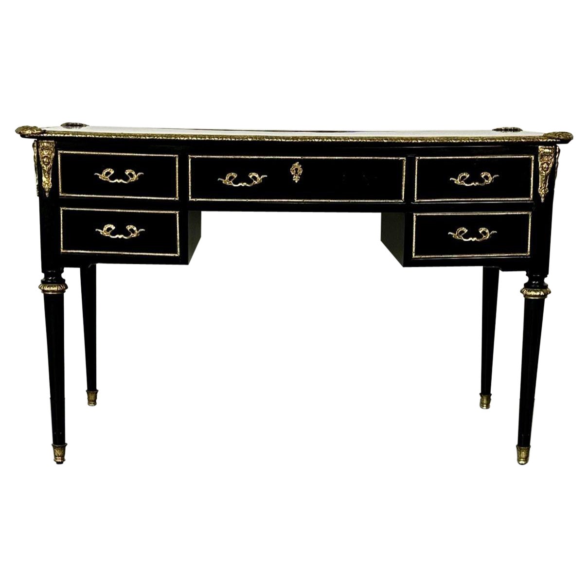 Hollywood Regency Ebony Desk, Writing Table or Vanity, Bronze Mounted, 1930s