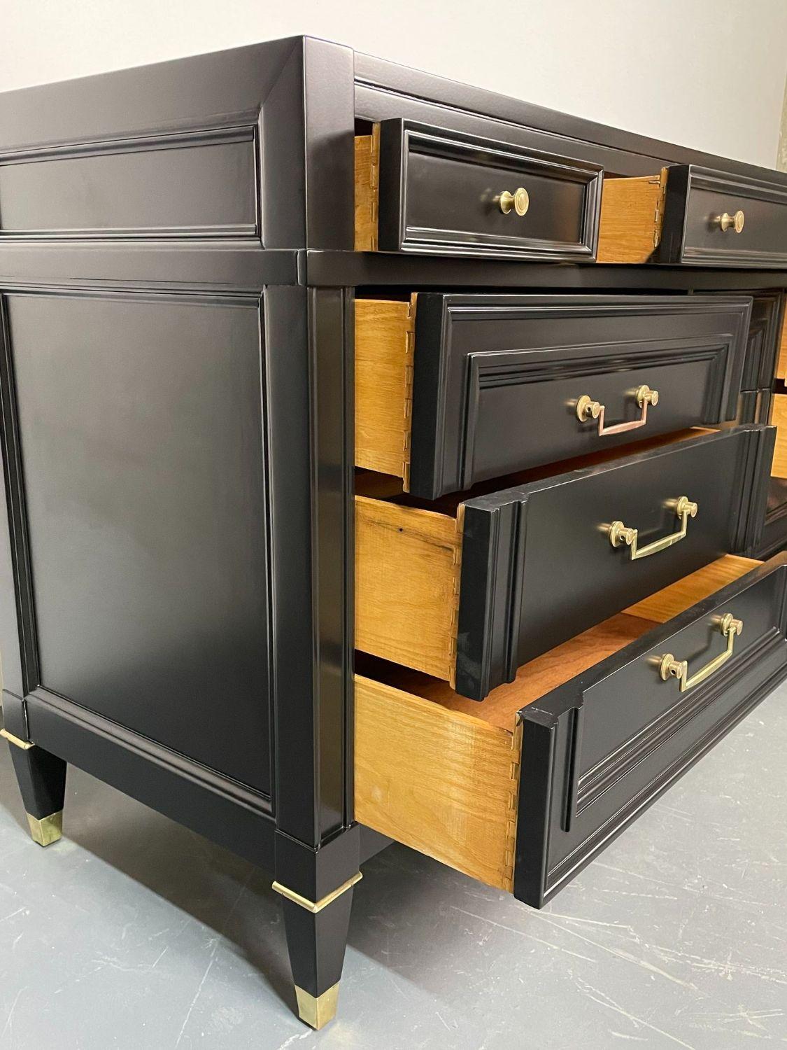 Brass Hollywood Regency Ebony Dresser, 12 Drawer, Refinished, Circa 1960s For Sale