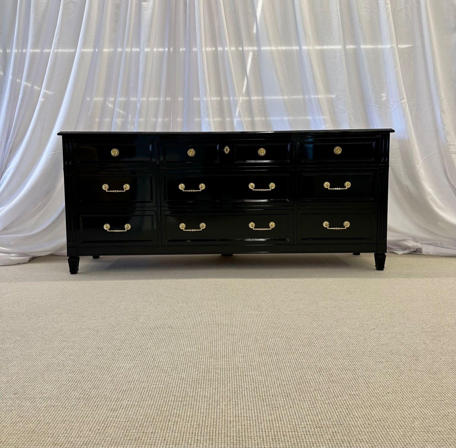 American Hollywood Regency Ebony Dresser, Sideboard, Chest, Commode or Cabinet, Bronze For Sale