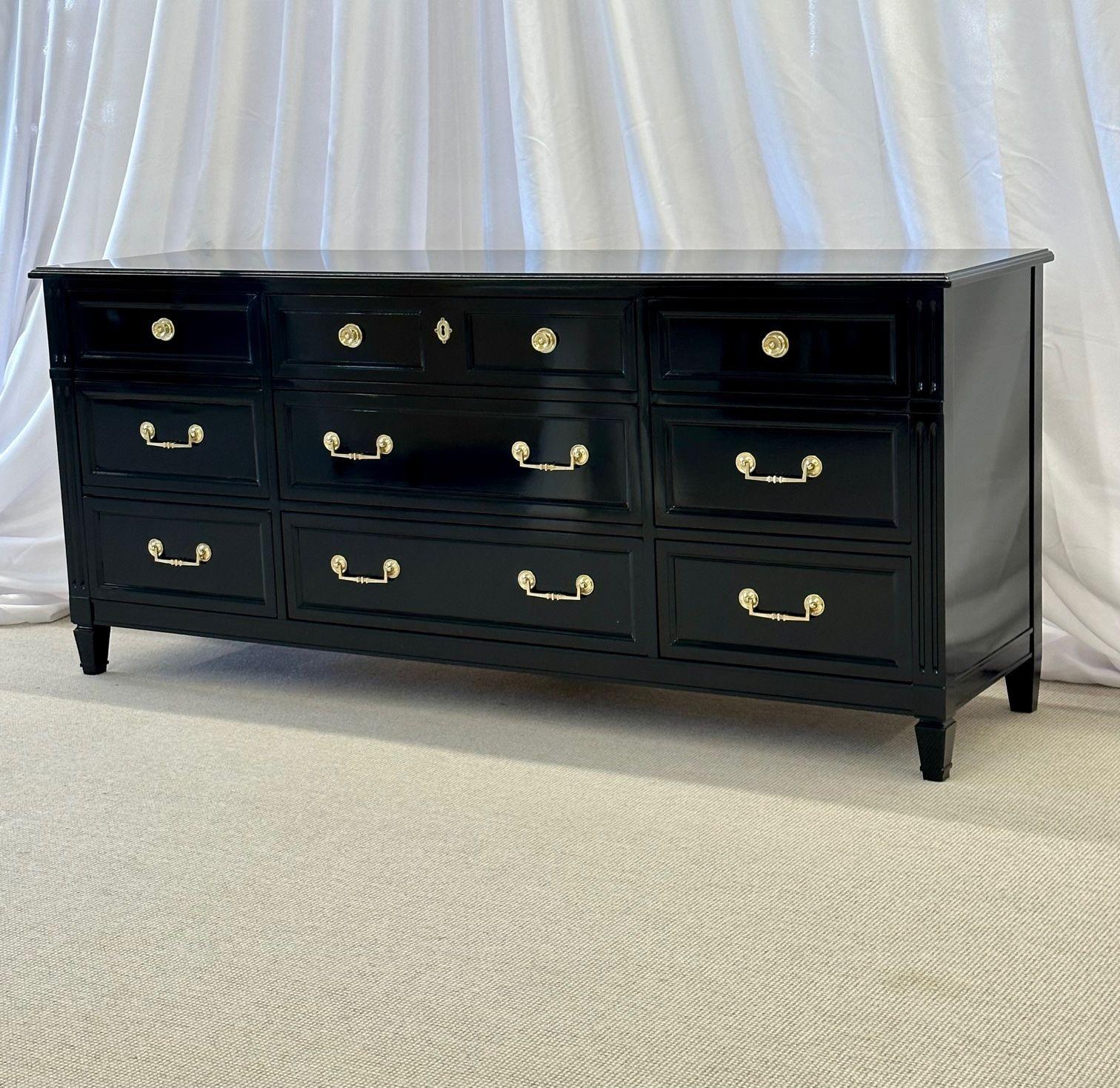 Hollywood Regency Ebony Dresser, Sideboard, Chest, Commode or Cabinet, Bronze In Good Condition For Sale In Stamford, CT