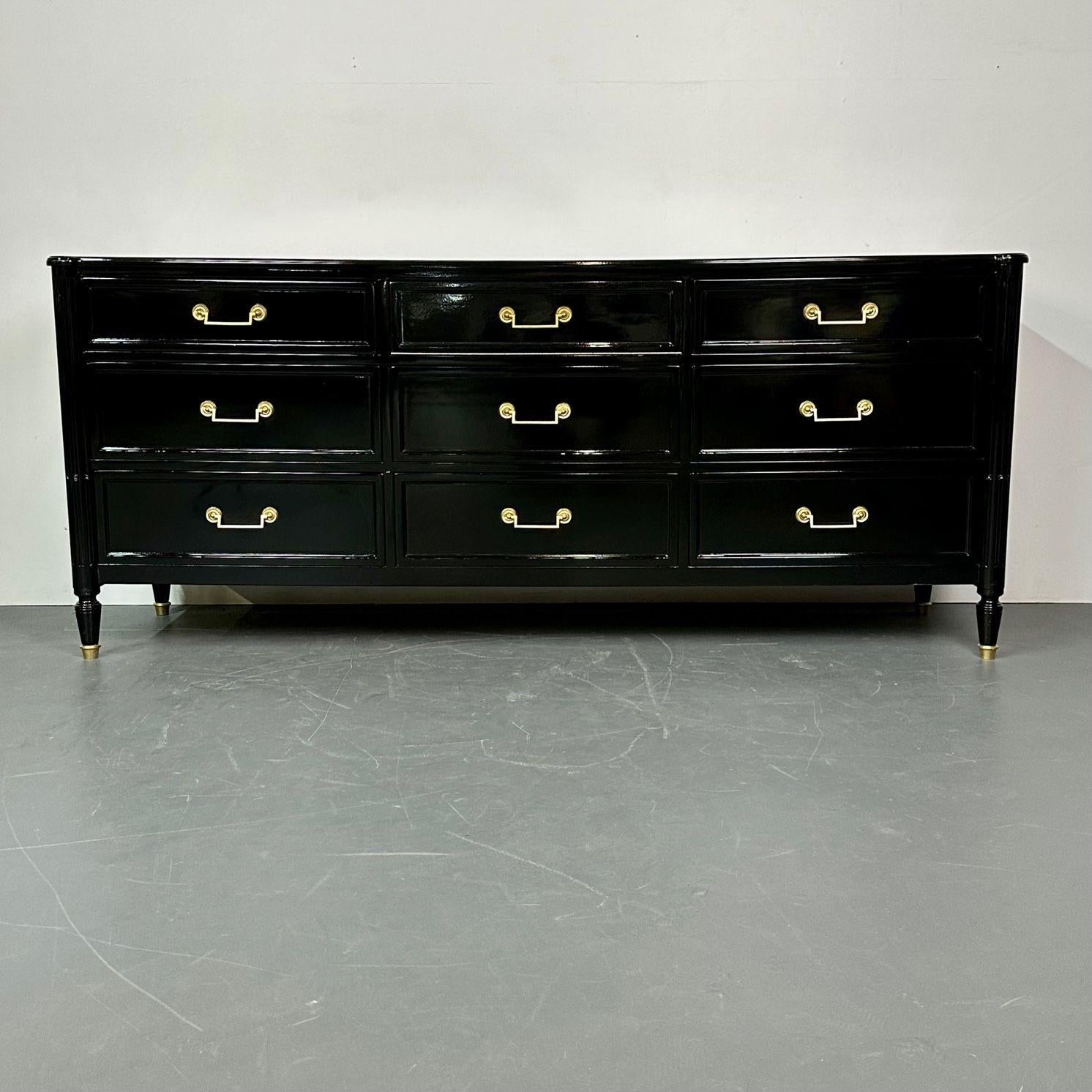 Hollywood Regency ebony lacquer sideboard / commode, Jansen Style, Baker
Custom Baker Hollywood Regency Dressers / Sideboards Jansen Style Ebony Lacquered
A fine Baker Furniture Company by Milling Road Dresser or Sideboard in the Hollywood Regency