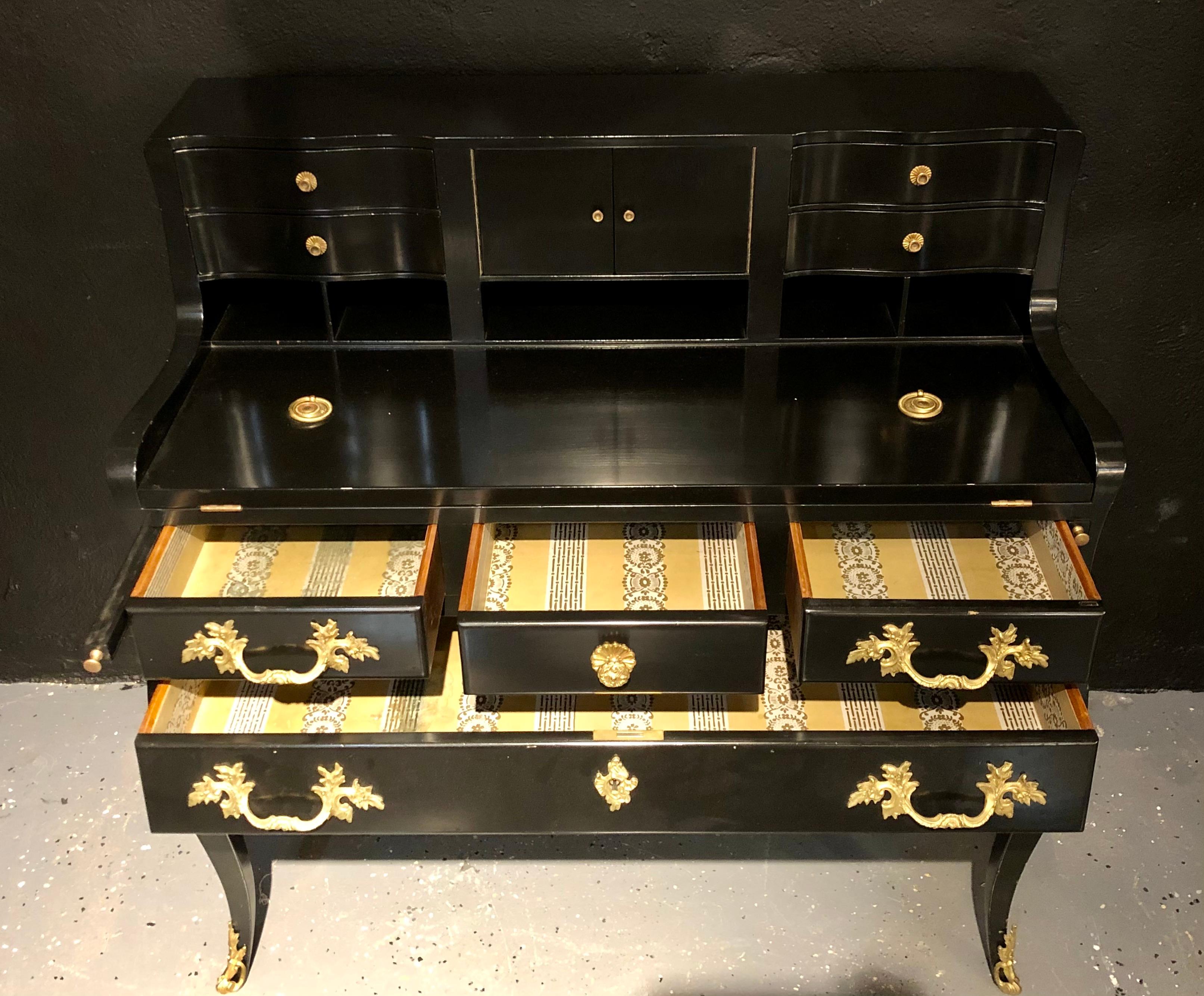 Hollywood Regency Ebony Ladies Desk Louis XV Style Stamped Jansen In Good Condition For Sale In Stamford, CT