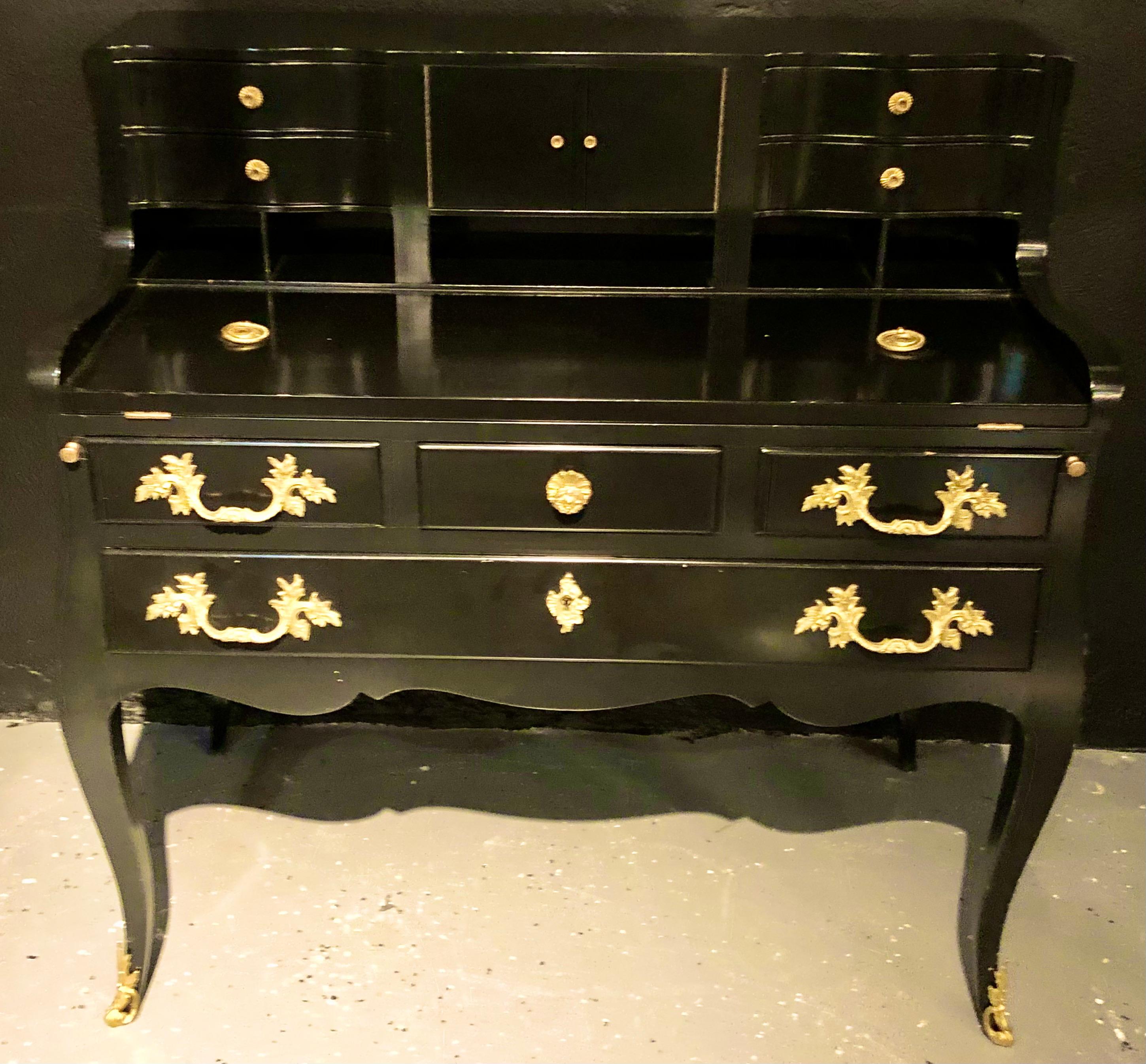 20th Century Hollywood Regency Ebony Ladies Desk Louis XV Style Stamped Jansen For Sale