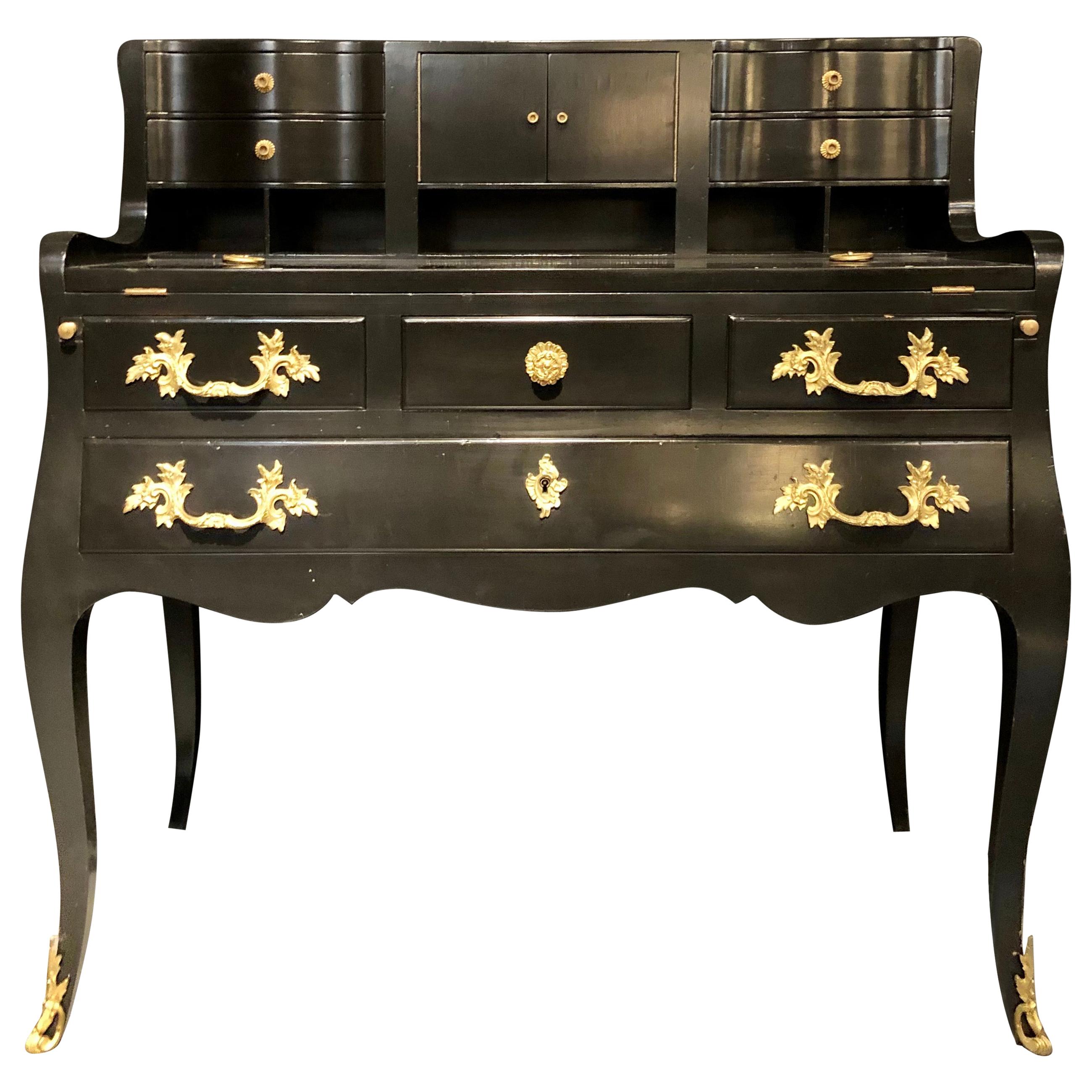 Hollywood Regency Ebony Ladies Desk Louis XV Style Stamped Jansen For Sale