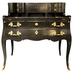 Vintage Hollywood Regency Ebony Ladies Desk Louis XV Style Stamped Jansen