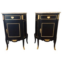 Hollywood Regency Ebony Marble-Top Louis XV Style Nightstand End Tables, Pair