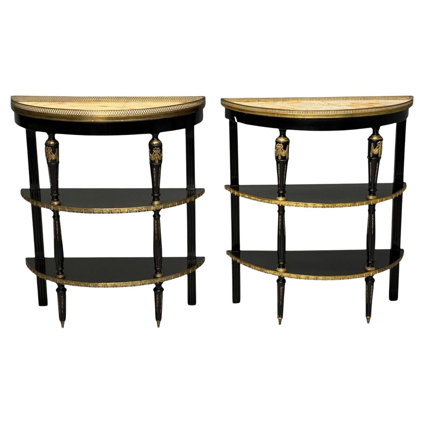 Hollywood Regency, Madera Pintada de Ébano, Ónix, Mesas Consola Demilune, Años 30