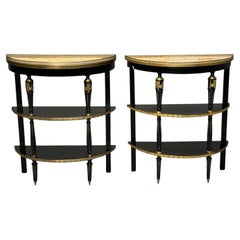 Hollywood Regency, Ebony Painted Wood, Onyx, Demilune Console Tables, 1930s