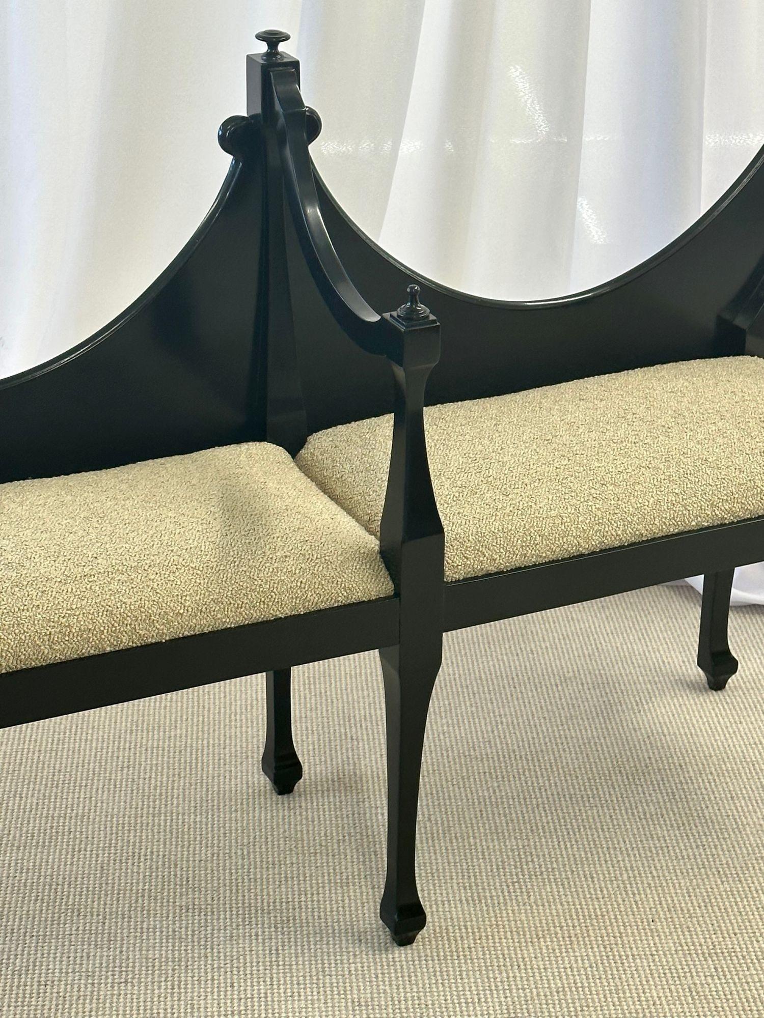 Hollywood Regency Ebony Window Bench, Dorothy Draper Style, Boucle, Double Seat 5
