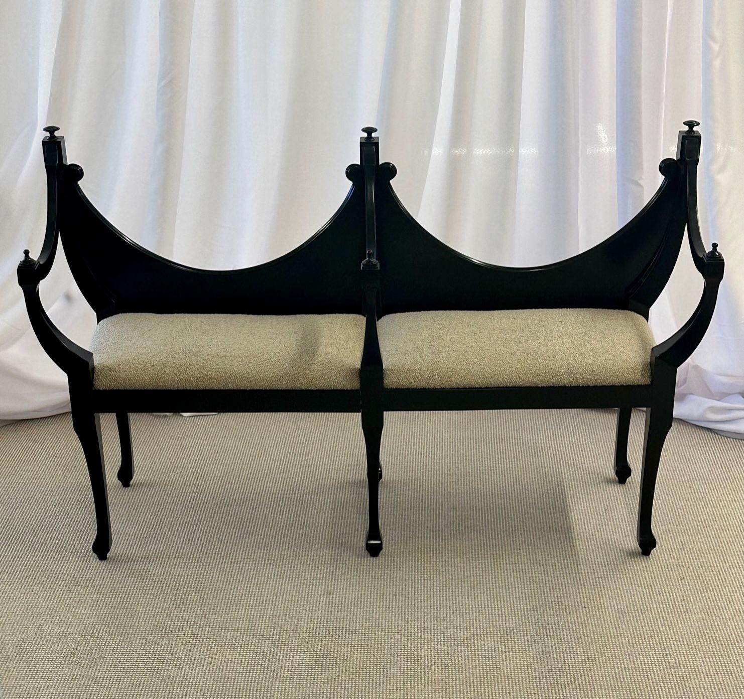 Hollywood Regency Two-Seater Ebony Window Bench, Dorothy Draper Style, Boucle
A stunning Draper Style window bench or tete a tete seat. The ebony frame having a double reverse C back rest with a deep design flanked by pediment tops. The whole