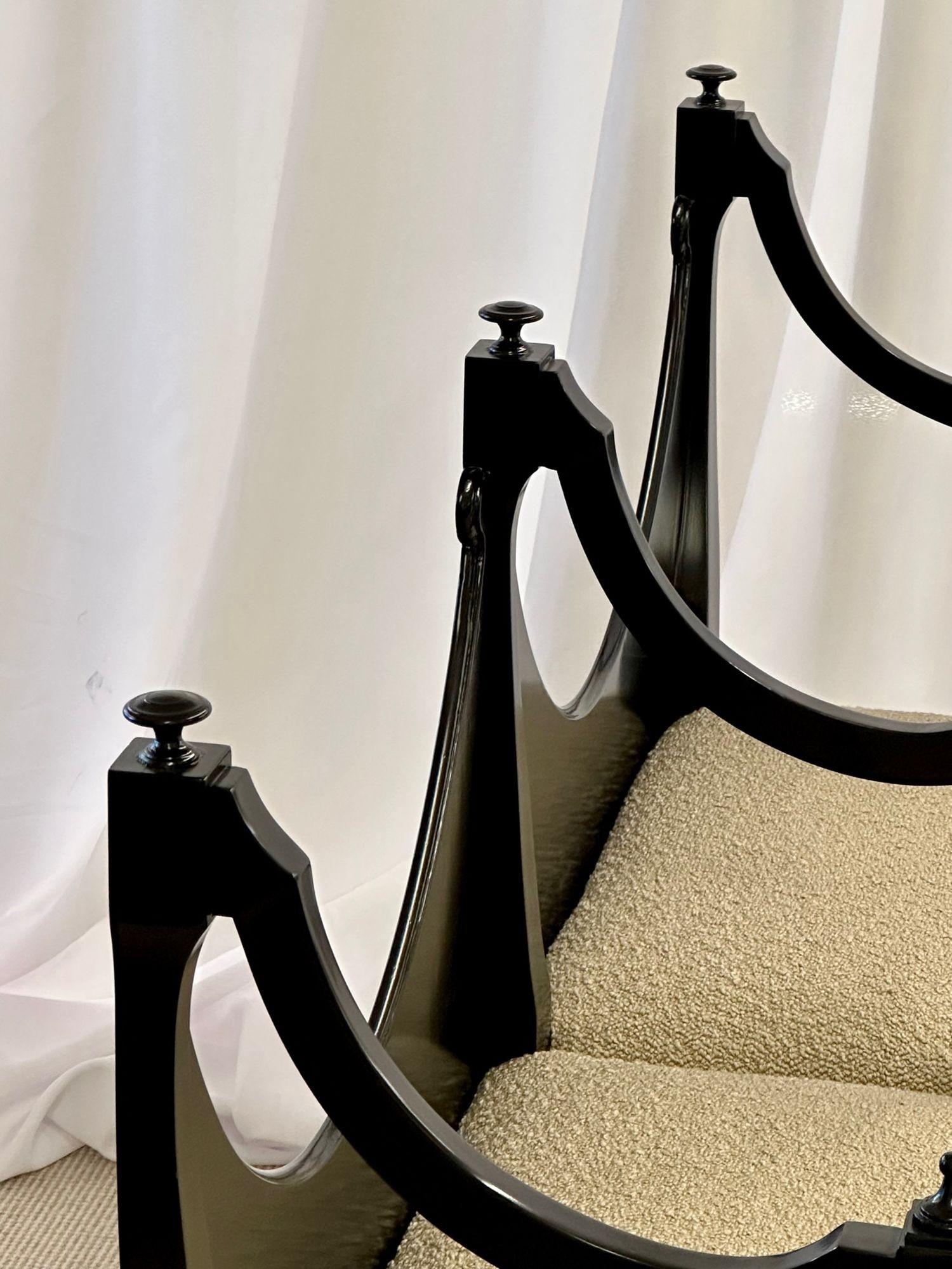 American Hollywood Regency Ebony Window Bench, Dorothy Draper Style, Boucle, Double Seat