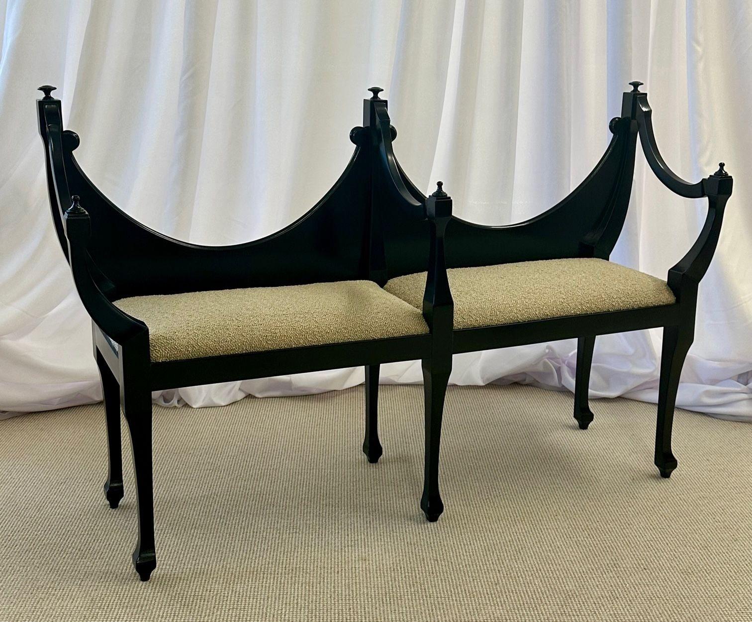 Hollywood Regency Ebony Window Bench, Dorothy Draper Style, Boucle, Double Seat In Good Condition In Manhasset, NY