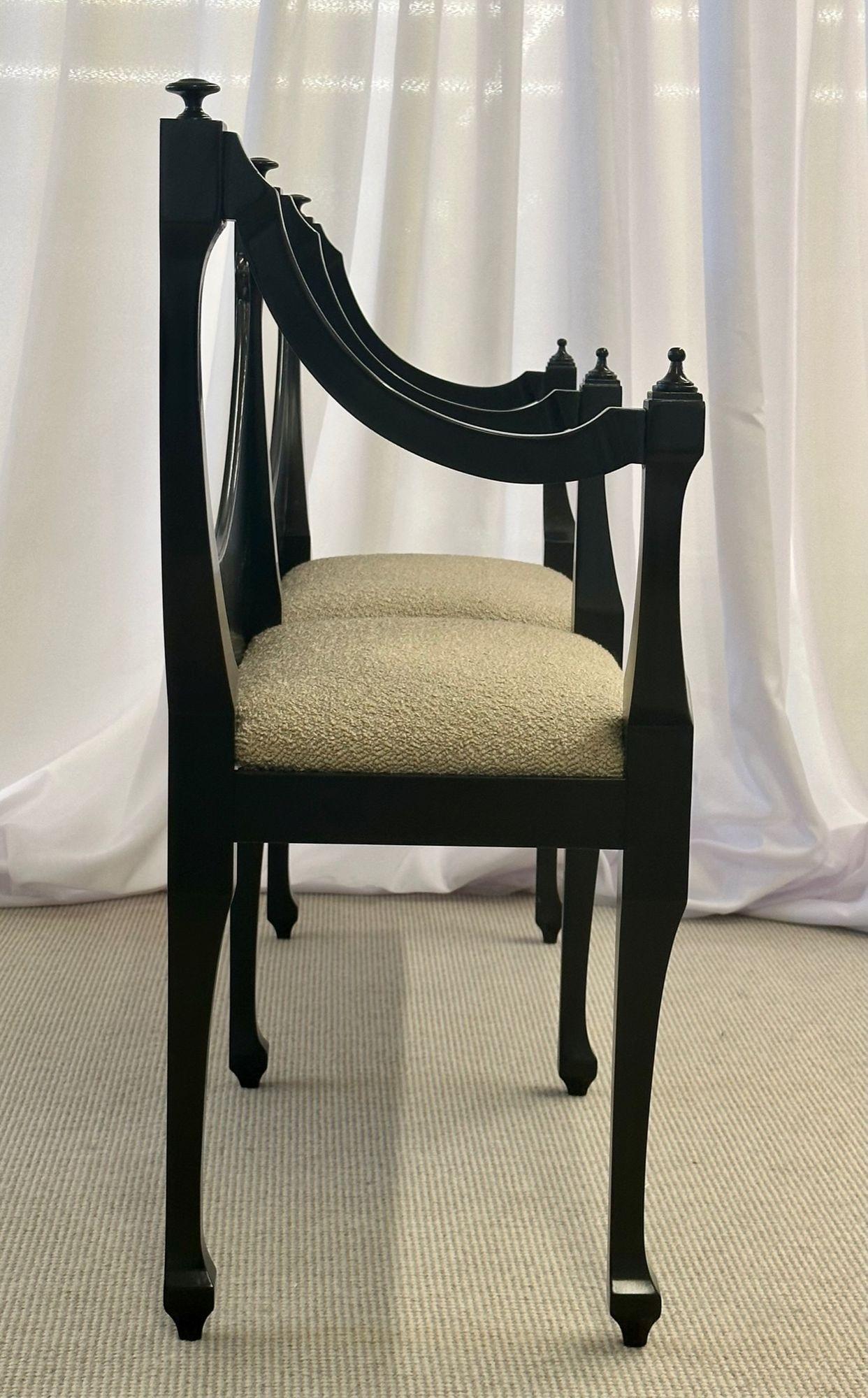 20th Century Hollywood Regency Ebony Window Bench, Dorothy Draper Style, Boucle, Double Seat