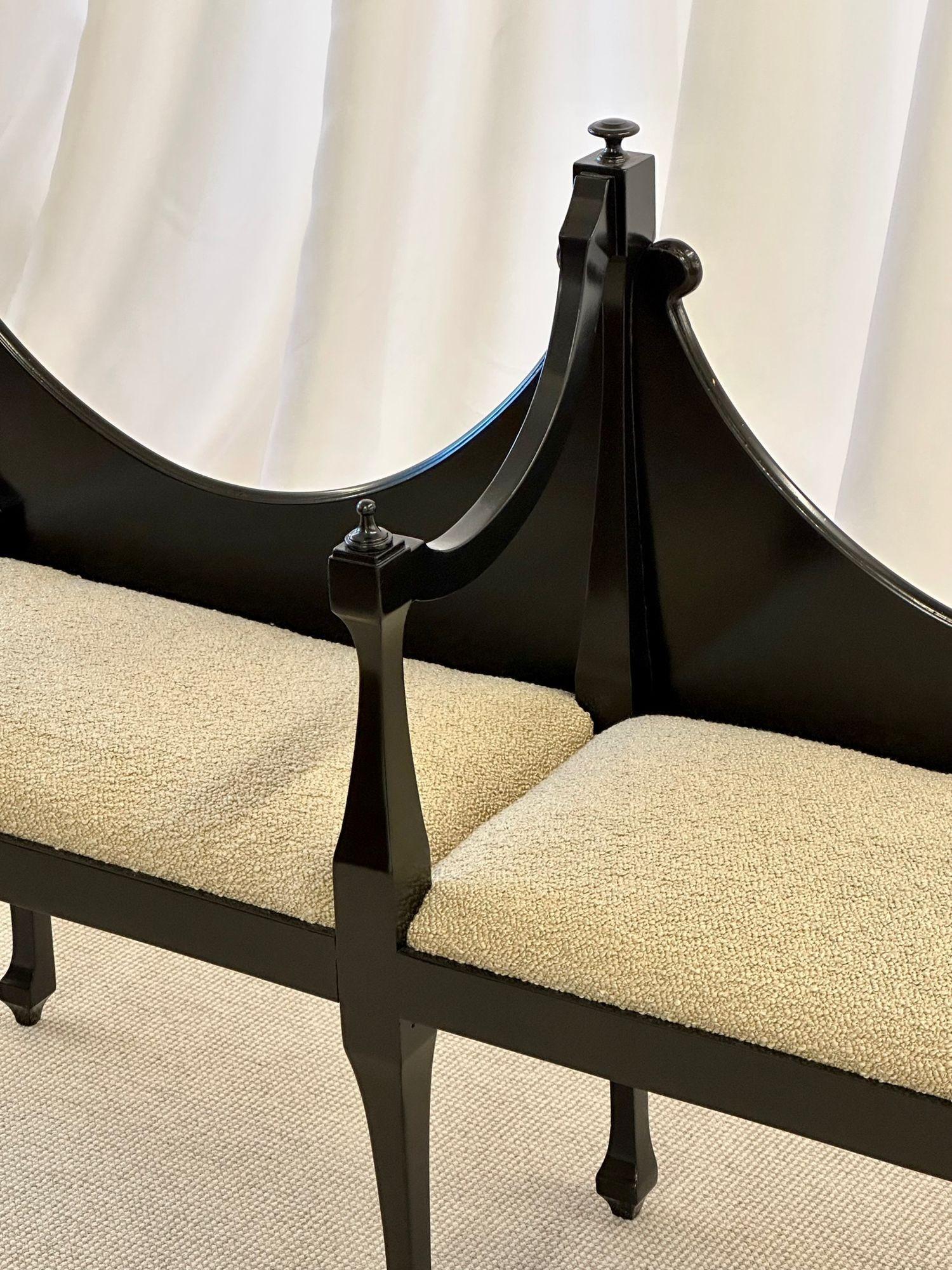 Textile Hollywood Regency Ebony Window Bench, Dorothy Draper Style, Boucle, Double Seat