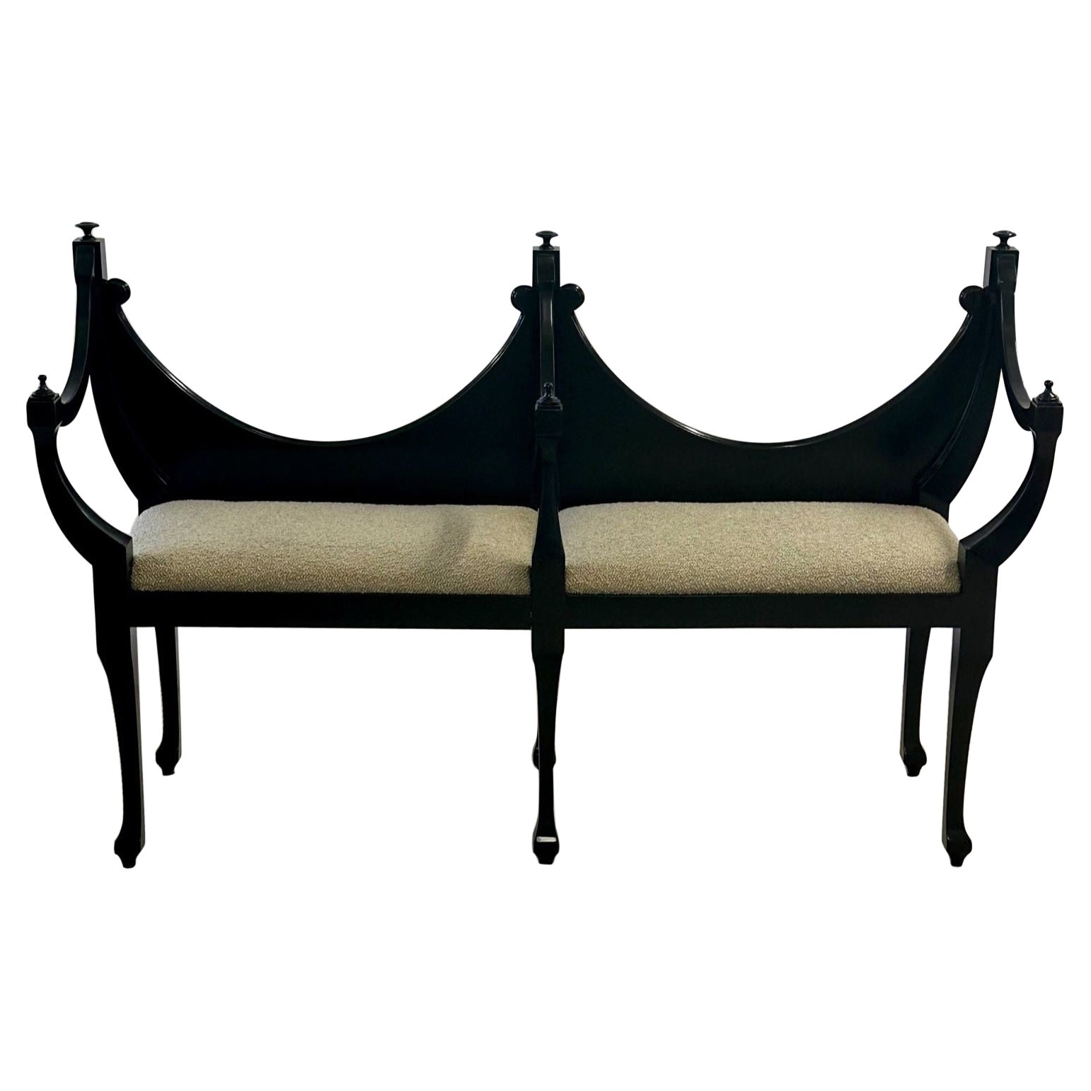 Hollywood Regency Ebony Window Bench, Dorothy Draper Style, Boucle, Double Seat