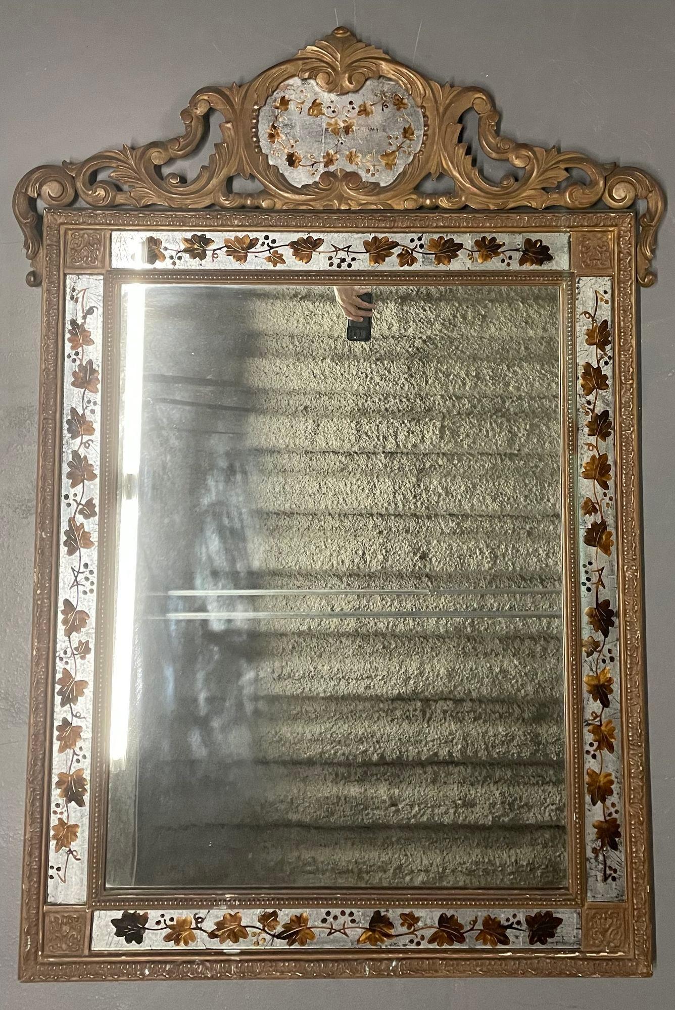 Hollywood Regency Eglomise Maison Jansen Wall, Pier Mirror, Gilt Wood Carved In Good Condition In Stamford, CT
