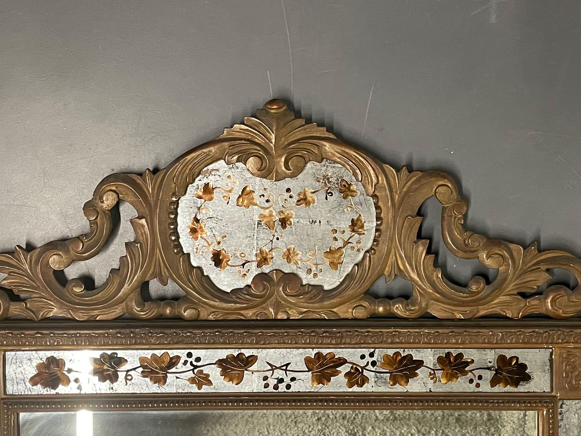 Hollywood Regency Eglomise Maison Jansen Wall, Pier Mirror, Gilt Wood Carved 2