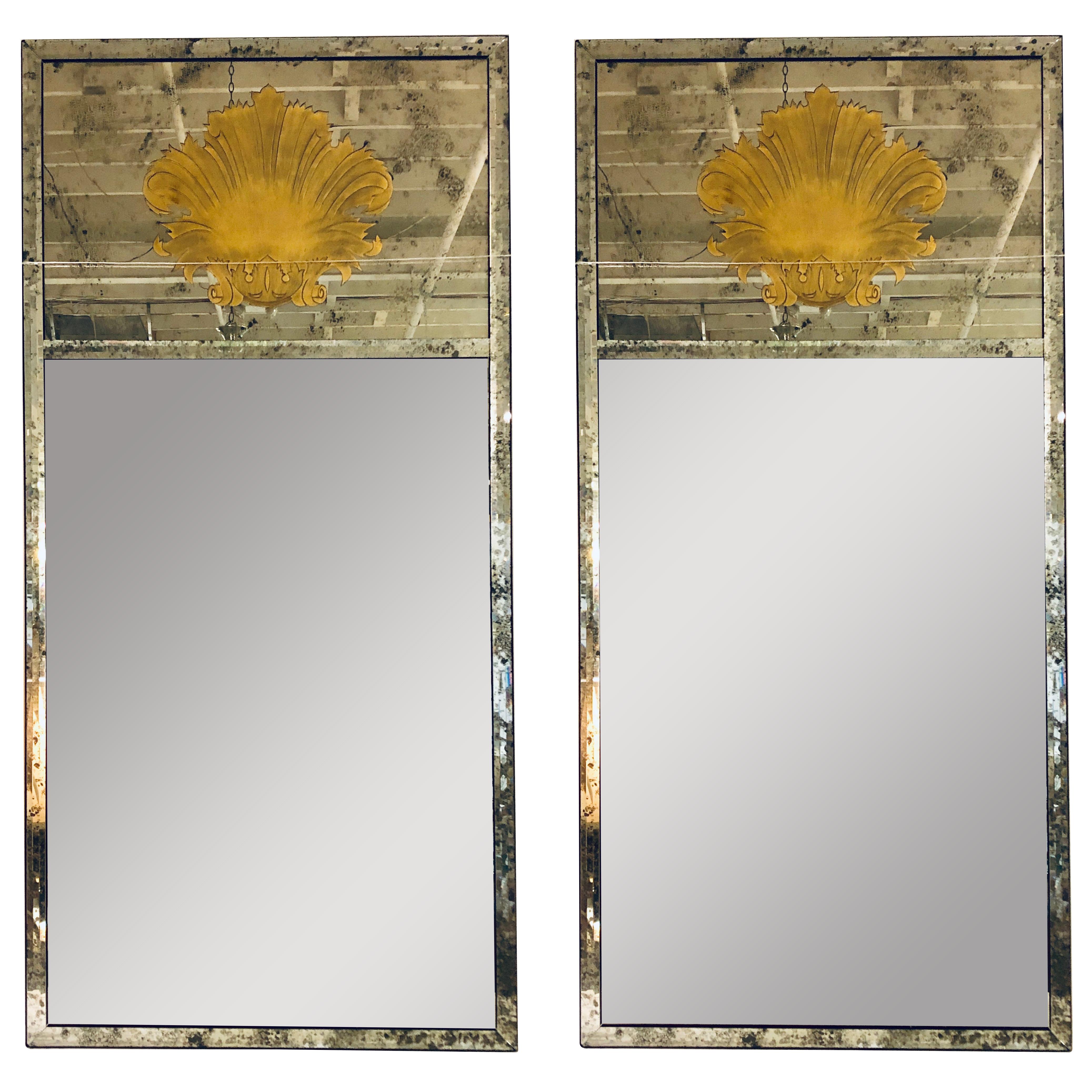 Monumental Hollywood Regency Eglomise Wall, Console Pier Mirrors Pair 