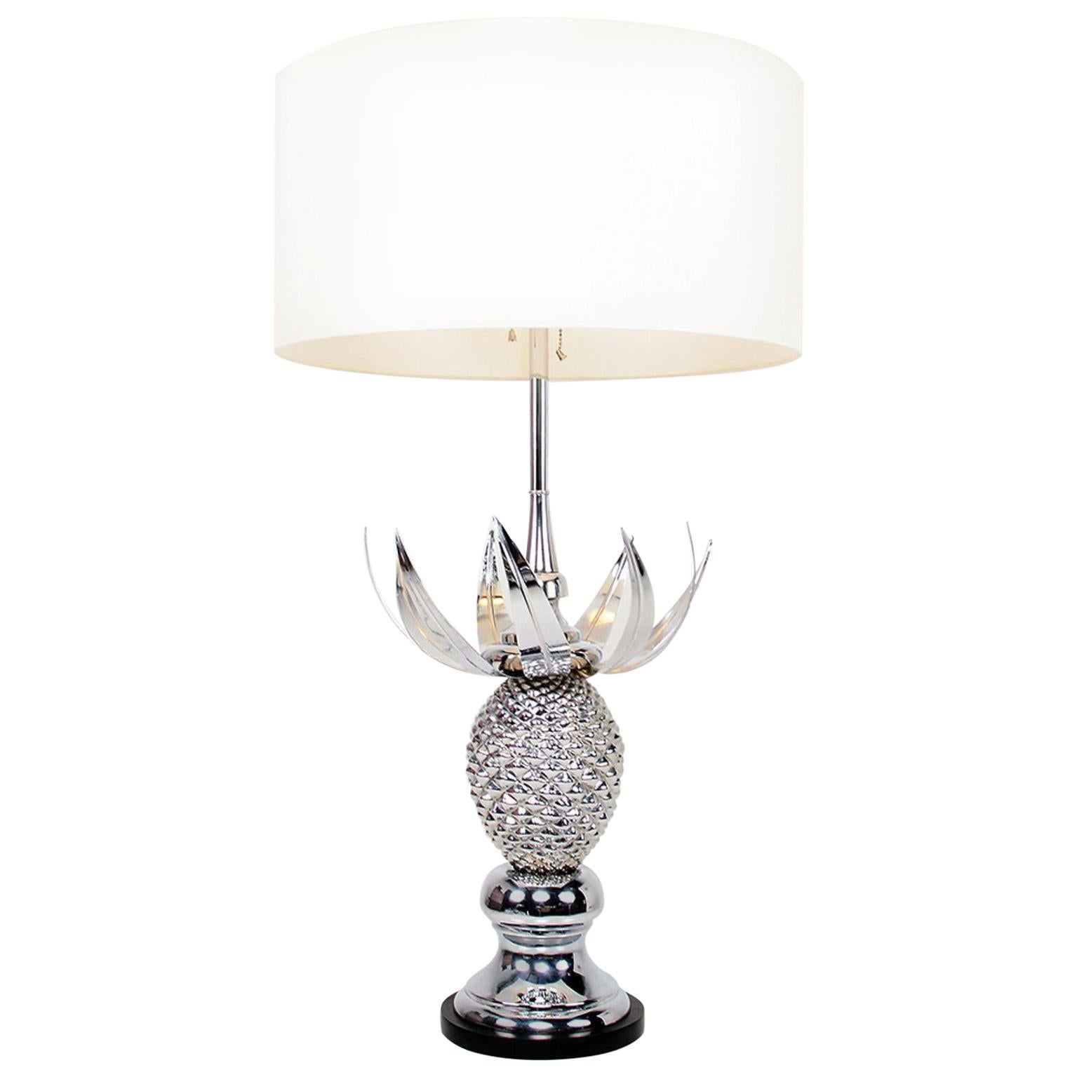 1950s Haute Regency Stunning Pineapple Table Lamp in Chrome Plate Wood Base