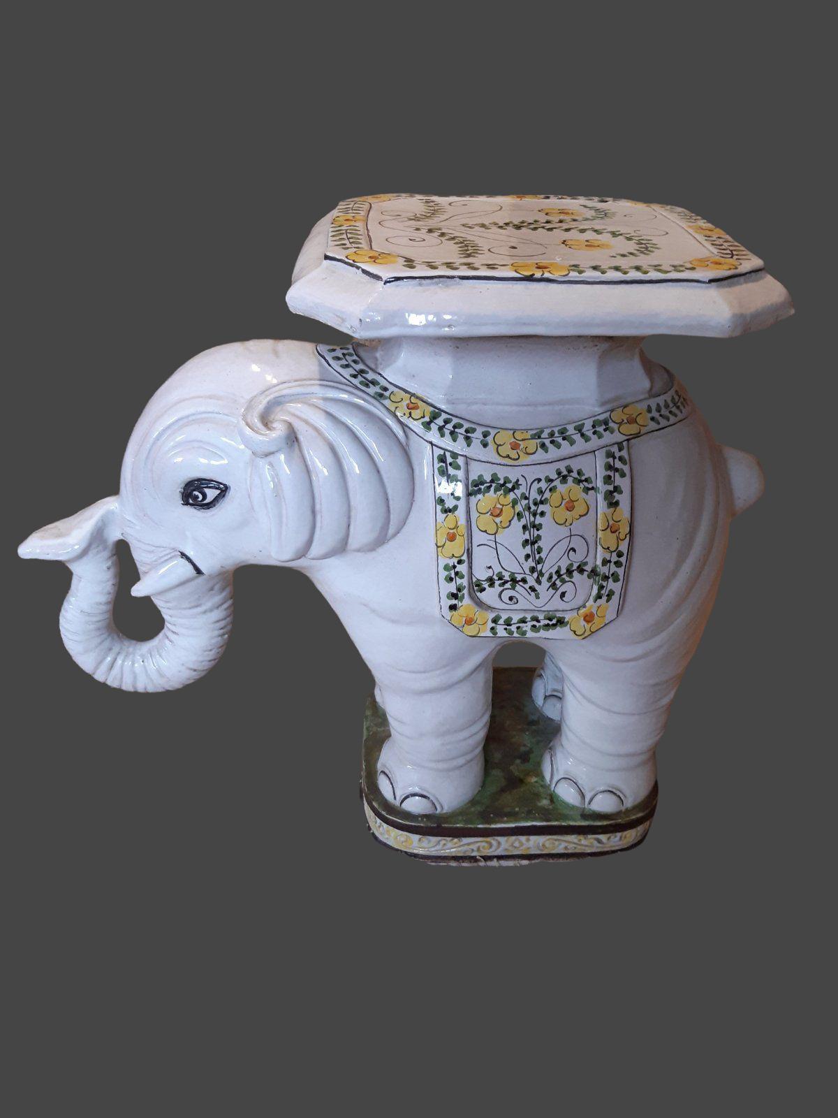 Ceramic Hollywood Regency Elephant Garden Plant Stand or Seat, Statue Italy Vintage For Sale